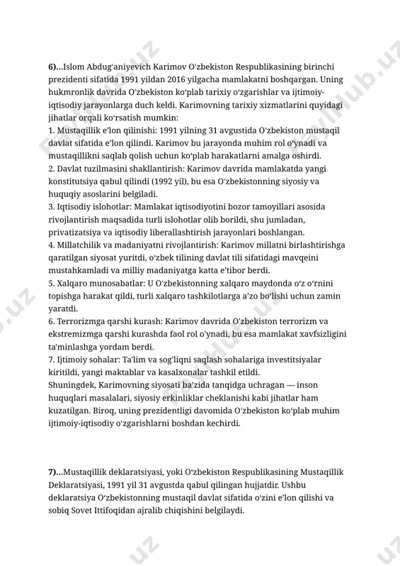 ida 1991 yildan 2016 yilgacha mamlakatni boshqargan. uning hukmronlik davrida oʻzbekiston ko‘plab tarixiy o‘zgarishlar va ijtimoiy-iqtisodiy jarayonlarga duch keldi. karimovning tarixiy xizmatlarini quyidagi jihatlar orqali ko‘rsatish mumkin: 1. mustaqillik e’lon qilinishi: 1991 yilning 31 avgustida oʻzbekiston mustaqil davlat sifatida e’lon qilindi. karimov bu jarayonda muhim rol o‘ynadi va mustaqillikni saqlab qolish uchun ko‘plab harakatlarni amalga oshirdi. 2. davlat tuzilmasini shakllantirish: karimov davrida mamlakatda yangi konstitutsiya qabul qilindi (1992 yil), bu esa oʻzbekistonning siyosiy va huquqiy asoslarini belgiladi. 3. iqtisodiy islohotlar: mamlakat iqtisodiyotini bozor tamoyillari asosida rivojlantirish maqsadida turli islohotlar olib borildi, shu jumladan, privatizatsiya va iqtisodiy liberallashtirish jarayonlari boshlangan. 4. millatchilik va madaniyatni rivojlantirish: karimov millatni birlashtirishga qaratilgan siyosat yuritdi, o‘zbek tilining davlat tili sifatidagi mavqeini mustahkamladi va milliy madaniyatga katta e’tibor berdi. 5. xalqaro munosabatlar: u oʻzbekistonning xalqaro maydonda o‘z o‘rnini topishga harakat qildi, turli xalqaro tashkilotlarga a’zo bo‘lishi uchun zamin yaratdi. 6. terrorizmga qarshi kurash: karimov davrida o'zbekiston …