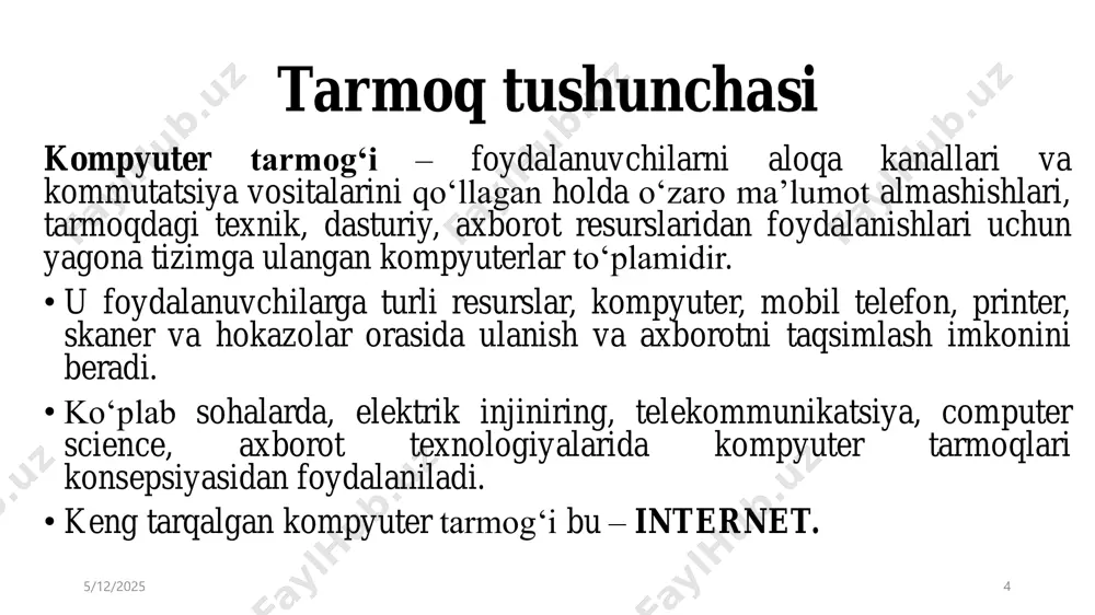 qa chizig‘iga parallel bog‘lanadi. bunday shinalarni boshqarish ham alohida, ham markazlashgan bo‘lishi mumkin. markazlashgan boshqaruvda tarmoqqa maxsus kompyuter-server ulanadi, uning vazifasi tarmoqda axborotni uzatishni boshqarishdir. alohida boshqaruvda hamma kompyuterlar bir xil maqomga ega, ular mustaqil ma'lumotlarni uzatish imkoniyatiga ega. 2. halqa. bu holatda barcha kompyuterlar yopiq halqasimon, ketma-ket bog‘lanadilar. bunda xabar birin-ketin kompyuterdan-kompyuterga uzatiladi. xabarni uzatgan kompyuter yana o‘shaxabarni qayta qabul qilmaguncha, jarayon davom etaveradi. 3. yulduzcha. yulduzcha topologiyaga ega tarmoqlar markaziy tugunga ega (kommutator yoki kontsentrator). mazkur markaziy tugunga barcha qolgan kompyuterlar ulanadi. dastlab uzatilgan xabar ana shu qurilmaga kelib tushadi, so‘ng boshqa kompyuterlarga uzatiladi. http://hozir.org/delphi-dasturlash-tili.html tarmoq qurilmalari svitch 5/12/2025 25 router kontsentrator hub aloqani tashkil etish uchun tarmoqdagi qurilmalarni bog‘lovchi, osi modelining 1-qatlamida (ya’ni, jismoniy (fizik) qatlam) ishlay oluvchi tarmoq qurilmasi. tugunlar kommunikatsiyaning osi modelidagi 2 qatlamda ishlovchi tarmoq qurilmalaridir. svitch «aqlli xab» deb ham yuritiladi. osi modelining 3-qatlamida ishlovchi qurilma bo‘lib, bir- biridan mustaqil bo‘lgan 2 yoki …