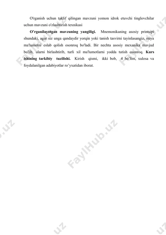 i mashqlarsiz o'zlashtirish mumkin emas. yodlash malakasi shakllangandan so'ng, odam bu ko'nikmani qo'llashi yoki ishlatmasligi mumkin. ma'lumotlarning o'zi eslab qolmaydi. yodlash uchun har safar siz shakllangan yodlash qobiliyatini qo'llashingiz kerak bo'ladi - miyada ma'lumotni mustahkamlashga olib keladigan ma'lum aqliy harakatlar ketma-ketligi.[5] mnemonika tomonidan taqdim etilgan yodlash sifatini kompyuterdagi papkalar bo'ylab harakatlanish bilan solishtirish mumkin. ammo, afsuski, har bir "mnemonik papkada" ko'p ma'lumotni yozib bo'lmaydi - masalan, birdan bir necha o'nlab telefon raqamlari. yodlangan ma'lumotni to'g'ridan-to'g'ri va teskari tartibda, shuningdek, xotirada mavjud bo'lgan barcha ma'lumotlarni ko'zdan o'tkazmasdan tanlab ko'paytirish mumkin. xotirada ma'lumotni saqlash muddati to'liq nazorat qilinadi. siz ma'lumotni atigi bir soat eslab qolishingiz yoki uni butun umrga saqlashingiz mumkin. yodlangan ma'lumotni o'z o'rniga yangi ma'lumotlarni eslab qolish orqali ongli ravishda miyangizdan o'chirish mumkin. agar ilgari psixologlar inson xotirasini texnik qurilmalar xotirasi bilan solishtirishga harakat qilgan bo'lsa, yaqinda buning aksi kuzatildi. zamonaviy kompyuterlar va dasturiy ta'minotni yaratuvchilar o'z g'oyalarini neyrofiziologiya darsliklaridan …