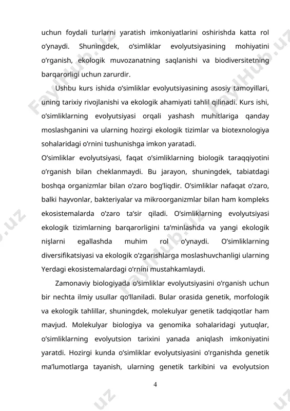 dir. o’simliklar evolyutsiyasi biologik xilma-xillikni saqlash va tushunishda muhim rol o’ynaydi. o’simliklarning evolyutsion jarayonlari, ular bilan bog’liq ekosistemalarning rivojlanishiga va barqarorligiga ta’sir ko’rsatadi. masalan, o’simliklar evolyutsiyasining o’zgarishlari atmosferadagi kislorod darajasiga, tuproq sifatiga, suv aylanishiga va boshqa ekologik omillarga sezilarli ta’sir ko’rsatgan. bu mavzu ekologiya, agronomiya, va agrosanoat sohalarida muhim ahamiyatga ega. o’simliklar evolyutsiyasi mavzusi biotexnologiya va genetik muhandislik sohalari bilan ham bog’liq. o’simliklarning evolyutsiyasini o’rganish va genetik modifikatsiyalarni qo’llash orqali hosildorlikni oshirish, kasallik va zararkunandalarga chidamli o’simliklarni yaratish imkoniyatlari mavjud. bu sohalarda olib borilayotgan tadqiqotlar o’simliklar evolyutsiyasini chuqurroq tushunishga yordam beradi. o’simliklar evolyutsiyasini o’rganish orqali, yo’qolib borayotgan turlarni saqlash va ularni himoya qilish usullarini ishlab chiqish mumkin. bugungi kunda ko’plab o’simlik turlari yo’qolib ketish xavfi ostida, va ularni saqlash uchun evolyutsiya jarayonlarini tushunish zarur. kurs ishining maqsadi · o‘simliklarning hayotiy shakllarini k. raunkier va i.g. serbryakov klassifikatsiyalari asosida o‘rganish, ularning ekologik va morfologik xususiyatlarini tahlil qilish. · hayotiy shakllarning o‘simliklarning …