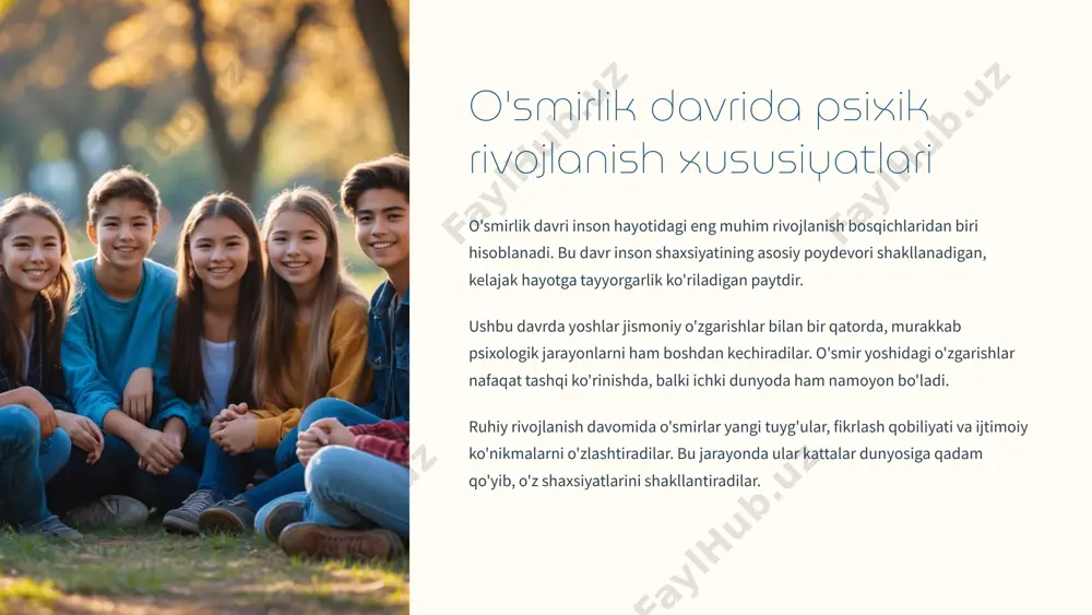 avtonom qarorlar qabul qilish o'smirlik davrida sodir bo'ladigan psixologik o'zgarishlar ko'p jihatdan biologik jarayonlar bilan chambarchas bog'liq. gormonal o'zgarishlar nafaqat jismoniy rivojlanishga, balki ruhiy holat va emotsional barqarorlikka ham ta'sir ko'rsatadi. ushbu davrda o'smirlar ko'pincha kayfiyatning keskin o'zgarishi, tez jahldorlik va ortiqcha sezgirlikni boshdan kechiradilar. bu holat ularning tanasida sodir bo'layotgan fiziologik jarayonlarning tabiiy natijasi hisoblanadi. 4 emotsional rivojlanish hissiyotlar kengligi yangi tuyg'ular va kuchli emotsional tajribalar davrining boshlanishi o'zini anglash shaxsiy tuyg'ularni tahlil qilish va tushunish qobiliyatining shakllanishi emotsional boshqaruv stress va qiyin vaziyatlarda o'z hissiyotlarini nazorat qilishni o'rganish empatiya rivojlanishi boshqalar his-tuyg'ularini tushunish va hamdardlik qilish qobiliyati o'smirlik davrida yoshlar ilk bor muhabbat, raqobat, g'azab va g'urur kabi murakkab tuyg'ularni chuqur his qila boshlaydilar. ushbu tuyg'ular ko'pincha keskin va boshqarilishi qiyin bo'ladi, chunki miyaning emotsional boshqaruv qismi hali to'liq rivojlanmagan bo'ladi. o'smirlar o'z tuyg'ularini tushunish va boshqarish ko'nikmalarini rivojlantirish orqali psixologik barqarorlikka erishadilar. bu jarayon o'z-o'zini anglash va …