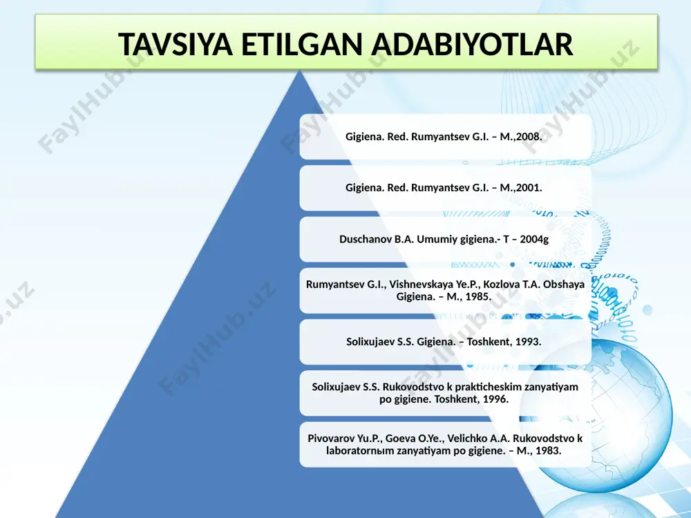 an sifatsiz, ya’ni ayrim turdagi mikroorganizmlar yoki ularning ishlab chiqargan toksinlar, yoki boshqa tabiatga ega bo’lgan kimyoviy moddalar bilan zararlangan ovqat mahsulotlarini iste’mol qilish natijasida kelib chiqadi. ovqatdan zaharlanishlar asosan ommaviy harakterga ega, ba’zi hollarda sporadik holatlarda uchraydi. ovqatdan zaharlanishlarni tasniflash asosida ularning etiologik va patogenetik printsipi yotadi. guruh guruhcha asosiy uzatish omillari asosiy profilaktik chora-tad- birlar i.mikrobga oid 1.toksikoinfek-tsiyalar go’sht,submahsulotlar, parranda mah- sulotlari, sut chorvachilikda veterinariya nazo- ratini o’tkazish, mollarni so’yish-dan tortib toki tayyor mahsulot holiga keltirishdagi barcha bos-qichlardan qat’iy nazar sanitariya nazoratini o’tkazish, mahsulotlar- ni saqlash, tashish, ovqat tayyorlash, tayyor ovqatlarni tarqatish, mahsu- lotlarga yetarlicha termik ishlov berish 2.intoksikatsiya botulizm konservalangan mahsulotlar, sur-langan va dudlan-gan baliq va go’sht mahsulotlari mahsulotlarni konservalashdan oldin to’g’ri ishlovdan o’tkazish, kislotali muhit yoki sho’r muhitni yaratish, ist’emoldan puxta termik ishlovdan o’tkazish 3.stafilokokk- li intoksika-tsiya go’sht, sut va sut mahsulotlari, kon-diter mahsulot- lari yog’li baliq konservalari tashuvchilarni sanatsiya qilish shaxsiy gigiena qoidalariga rioya qilish, …