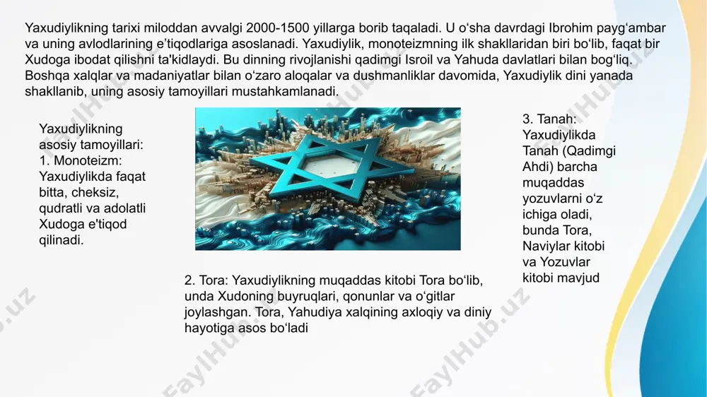 alqi o'rtasida o'ziga xos shartnoma mavjud, bu shartnoma xudoning xalqqa bo'lgan xayriha va rahm-shafqatini, hamda xalqning xudo yo'lidan yurishi kerakligini o'z ichiga oladi. bu shartnoma tufayli, yaxudiylar xudoning yagona hokimiyatiga ishonadilar va xudo boshqa dinlarga nisbatan o'ziga xoslik: yaxudiylikning monoteistik tushunchasi, masalan, polyteistik (ko'p xudoga ishonadigan) yoki panteistik (xudo har narsada mavjud degan) qarashlarga qarshi tura oladi. yaxudiylikda xudo o'zining mustaqilligi va kengligi bilan ajralib tura di 1. yagona xudo – yaxudiylikda xudo yagona va unikal hisoblanadi. u barcha narsaning yaratuvchisi, mavjudligining manbai, va butun dunyoning hukmdoridir. 4. mashiyah (masih) – yaxudiylar mashiyahning kelishini kutadilar. mashiyah, xudoning o'zi yuborgan insondir, u dunyoni to'g'ri va adolatli holga keltiradi. 3. tavhid – yaxudiylikda xudo yagona va tasavvurlarni birlashtiradi. uning hech qanday o'zgacha shakli, tasviri yoki tasavvuri yo'q. 2. xudoning so'zi – yaxudiylar xudoning o'ziga xos so'zlarini qabul qiladilar, ular avvalo tora (tanax)da jamlangan. tora, xudoning qonunlari va buyruqlari bilan insoniyatni boshqaradi. yaxudiylikning …