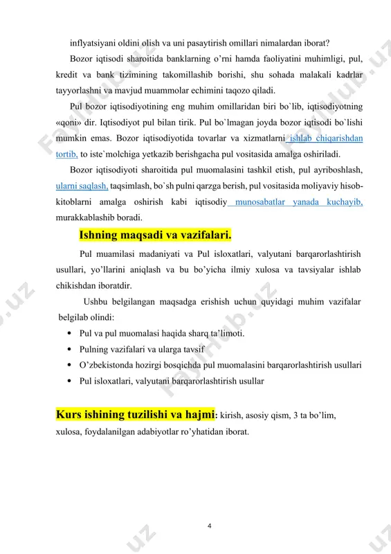 ati bilan ekvivalent qiymat chatishib ketgan alohida tovar ko‘rinishidagi umumiy ekvivalentning tugallangan shaklidir. pul haqidagi ta’limotning rivojlanishiga yirik qomusiy olim abu rayhon beruniy (973-1048) katta hissa qo‘shgan. u markaziy osiyoda birinchi bo‘lib pulning kelib chiqishi va ahamiyatini o‘rgangan. «pulning kelib chiqishi oziq-ovqat mahsulotlari ko‘payishi va ularga hamda ishlab chiqaruvchilarning bir-birlari mehnatiga bir vaqtda paydo bo‘lmasligi bilan bog‘liqdir. bu o‘z navbatida ular o‘rtasida almashuvni keltirib chiqaradi. ammo almashuv baholar va ekvivaletlikni aniqlash uchun umumiy o‘lcham belgilashni taqozo etadi. oltin ana shunday o‘lcham bo‘ldi, chunki u kam uchraydi, uzoq saqlanadi, ko‘rinishi bilan odamlarni quvontiradi, uni yiriklash va maydalash mumkin, ashyosi va mohiyatini o‘zgarmay turli xil buyumlar yasashda ishlatiladi» 46 - deb hisoblagan edi beruniy. u pulning quyidagi funksiyalarini belgilab bergan: sarflangan mehnat va tayyorlangan mahsulot o‘rtasidagi munosabatni ifodalash; xazinaga aylanish ; davlatning funksiyalarini bajarishda ishlatilish. shunday qilib, u o‘zining qarashlari bilan mehnat va qiymat o‘rtasidagi bog‘liqlikni ko‘rmay, pulning funksiyalari faqat qiymat o‘lchovi …