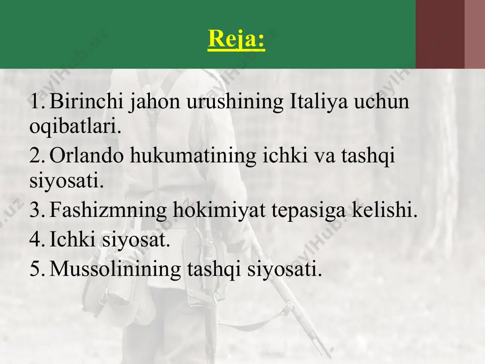 urushida qatnashishini davom ettirdi. bu hukumat antantaning sovet rossiyasiga qarshi kurashida italiya ishtirokining tarafdori bo'ldi. shuning uchun ham 1918-yili o'z qo'shinlarini odessa, murmansk va vladivostokka yubordi. hukumat tashqi savdo bozorlarining qo'ldan ketishi hamda tashqi kredit uzilib qolishining oldini ololmadi. natijada urushdan biroz keyin mamlakatda iqtisodiy inqiroz boshlandi. armiya safidan bo'shatilgan harbiylar ishsiz qoldilar. ana shunday sharoitda (1919-yil iyun oyida) orlando hukumati iste'fo berishga majbur bo'lgan. 1919-yil noyabr oyida bo'lib o'tgan parlament saylovida italiya sotsialistik partiyasi g'alaba qozongan bo'lsa-da, bu mamlakatdagi iqtisodiy va siyosiy vaziyatni yumshatishga olib kelmadi. 1919 — 1920-yillar italiya tarixiga ham «qizil ikki yillik» nomi bilan kirdi. bu ibora shuni bildiradiki, shu ikki yil ichida italiyada ham sovet rossiyasida amalda oshirilgan ba'zi tadbirlar amalga oshirildi. chunonchi, shimoliy italiyada ishchilar zavod va fabrikalarni egallab oldilar va ishlab chiqarish ustidan o'z nazoratlarini o'rnatdilar. zavod va fabrikalarni qo'riqlash uchun qizil gvardiya tuzdilar. 1919-yilda italiyada frontdan qaytgan sobiq askarlar o'z manfaatlarini himoya …