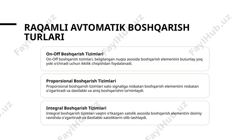 raniş yaratishi mumkin, tahlil va boshqaruv strategiyalarini murakkablashtiradi. mustaqil boshqarish tizimlarining kelajagi tendensiyalari mashina o'rganishni integratsiya qilish mustaqil boshqarish tizimlariga maqsadli ta'minot va vaqtinchalik optimallashtirish uchun mashina o'rganish algoritmlarini qo'shish. kiber-xavfsizlik choralar potensial kiber-xavf vaqtlariga qarshi himoya qilish uchun kuchli kiber-xavfsizlik protokollarni amalga oshirish va tizimning butunligini va ishonchini ta'minlash. bulut asoslangan boshqarish tizimlari murakkab sanoat jarayonlari uchun masofaviy monitoring, ma'lumotlar analitikasi va kengaytirish imkonini beruvchi bulut asoslangan boshqarish tizimlariga o'tish. boshqarish tizimi dinamikasini tekshirish uchun vositalar va texnikalar chastotali javob tahlili chastotali javob grafiklari tizimning farqli chastotalarda bo'lishini namoyish etadi, barqarorlikni tekshirish va boshqaruvchi dizaynini yordam beradi. ildizlar maydoni usuli ildizlar maydoni texnologiyasi yopiq siljishning joylashuvi holatlarini boshqaruvchi parametrlar o'zgarishida ko'rsatadi, tizimning javobini optimallashtirishga yo'l qo'ymoqda. bode grafiklarini tahlil qilish bode grafiklari tizimning chastotali javob xususiyatlarini namoyish etadi, barqarorlik chegaralarini baholash va qattiq boshqaruvchilarni dizayn qilishga yordam beradi. naykvist barqarorlik kriteriyasi naykvist grafiklari ochiq siljish chastotali javobini tahlil qilib, …