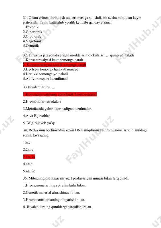 ang ? 1. osmotik bosim bu hujayra ichidagi bosimga teng bo’lgan eritma 2. оsh tuzini 0,9 % eritmasi 3. vaqtincha qon quyishdan oldin quyiladigan eritma 4. osmotik bosim bu hujayra ichidagi bosimga nisbatan yuqori bo’lgan eritma 5. оsh tuzini 1,0 % da yuqori bo’lgan eritmasi 6. yiringli yaralarni davolashda ishlailsa eritma 30. fiziologik eritma uchun tegishli bo’lganlrni aniqlang ? 1. osmotik bosim bu hujayra ichidagi bosimga teng bo’lgan eritma 2. оsh tuzini 0,9 % eritmasi 3. vaqtincha qon quyishdan oldin quyiladigan eritma 4. osmotik bosim bu hujayra ichidagi bosimga nisbatan yuqori bo’lgan eritma 5. оsh tuzini 1,0 % da yuqori bo’lgan eritmasi 6. yiringli yaralarni davolashda ishlailsa eritma 31. odam eritrositlarini osh tuzi eritmasiga solishdi, bir necha minutdan keyin eritrositlar hajmi kattalshib yorilib ketti.bu qanday eritma. 1.izotonik 2.gipertonik 3.gipotonik 4.vagotonik 5.osmotik 32. difuziya jarayonida erigan moddalar molekulalari… qarab yo’naladi 1.konsentratsiyasi katta tomonga qarab 2. konsentratsiyasi kichik tomonga qarab 3.hech bir …