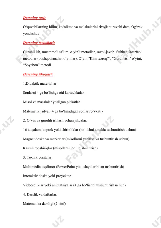– darslik bilan ishlash; – darsda yangi o‘rganganlarini mustahkamlash. 13-15 daqiqa v. darsga yakun yasash va baholash –o‘quvchilarni dars davomida o‘rganganlarini so‘rash; – darsda faol qatnashgan o‘quvchilarni rag‘batlantirish. 5-7 daqiqa vi. uyga vazifa berish –o‘quvchilarga uyga vazifa berish va shartini tushuntirib berish; 2-3 daqiqa darsning borishi i. tashkiliy qism. – salomlashish; salomlashish va ijobiy muhit yaratish o‘qituvchi: – assalomu alaykum, aziz bolajonlar! bugun o‘z bilimlarimizni yanada mustahkamlash va yangi sirlarni kashf qilish uchun ajoyib dars kutib turibdi! siz tayyormisiz? (o‘quvchilar "ha!" deb javob berishadi.) "matematik salomlashish" o‘yini: – men sizlarga raqamlar orqali salom beraman, siz esa natijani aytasiz va "salom!" deb javob berasiz. tayyormisiz? 1. 2 + 3 = ? (o‘quvchilar: 5! salom!) 2. 10 – 4 = ? (o‘quvchilar: 6! salom!) 3. 3 × 2 = ? (o‘quvchilar: 6! salom!) (bu usul orqali o‘quvchilar darsga qiziqish bilan kirishadi.) – ajoyib! endi bir-birimizga tabassum qilamiz va darsni yaxshi kayfiyat bilan …