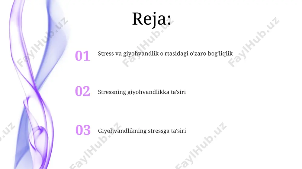 ress ostida yashaydi. oldini olish strategiyalari: stressni kamaytirish to'g'ri ovqatlanish va muntazam jismoniy mashqlar, haftada kamida 3 marta 45 daqiqa davomida, samarqanddagi psixologlar tomonidan o'tkazilgan 200 nafar ishtirokchi bilan o'tkazilgan tadqiqotda stress darajasini 25% ga kamaytirdi. uyqu gigienasiga rioya qilish, ya'ni kuniga 7-8 soat sifatli uyqu, toshkentdagi ekspertlarning fikricha, kortizol gormoni darajasini 15% ga pasaytirib, stressga chidamliligini oshiradi. stressning giyohvandlikka moyillikni oshirish mexanizmlari stress gormoni kortizolning yuqori darajasi, masalan, 30% ga yaqin, miya mukofot tizimining faolligini o'zgartirib, giyohvand moddalarga bo'lgan intilishni kuchaytiradi va o'zbekiston kabi rivojlanayotgan mamlakatlarda bu holat yanada kuchayishi mumkin. giyohvandlikka moyilligi bo'lgan kishilarda stress, genetik moyillik bilan birgalikda (masalan, dopamin d2 retseptorlari genidagi mutatsiyalar) giyohvandlik rivojlanish xavfini 5 baravarga oshirishi mumkin, bu esa jahon sog'liqni saqlash tashkilotining ma'lumotlariga ko'ra, global muammo hisoblanadi. oldini olish strategiyalari: giyohvandlikka moyillikni kamaytirish toshkent shahrida 500 nafar ishtirokchi bilan olib borilgan eksperimentda, yoga va meditatsiya mashg'ulotlari stress darajasini 40% ga pasaytirib, giyohvandlikka …