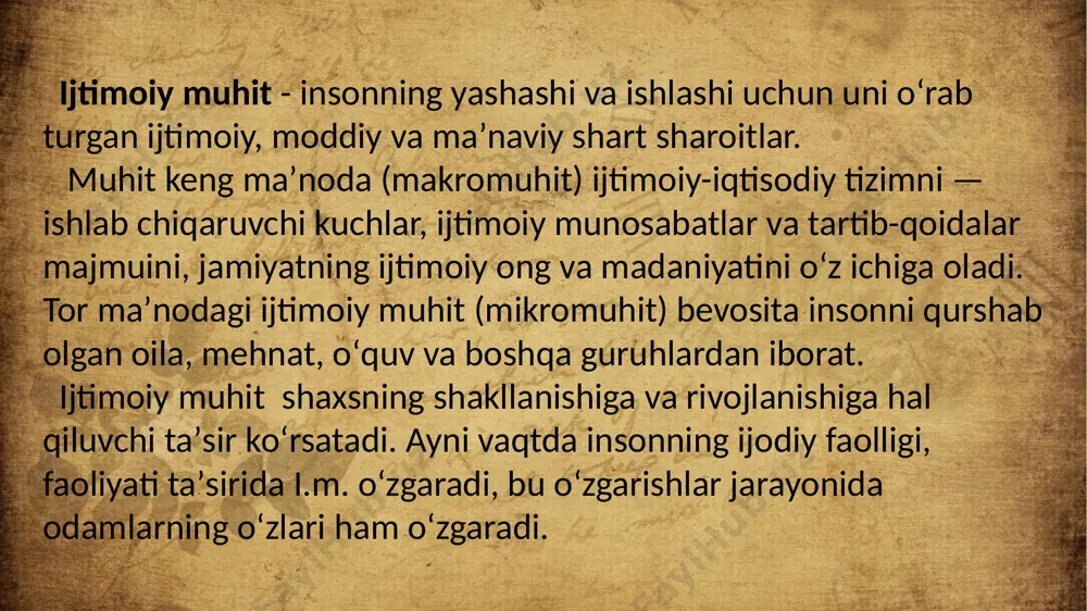 ksincha, ijtimoiy ruhiy omillarni hisobga olish- dinning ijtimoiy shartli ekanligini anglashga, turmush tarzi, diniy ehtiyojni vujudga keltiruvchi shaxsning hayot sharoitlari dinda katta rol o'ynashini tushunishga olib boradi. dindor odam uchun real turmush tarzining barcha muammolari va qiyinchiliklari bilan birga o'zgarishi- uning dindan uzoqlashmasligi uchun asosdir. diniy an’analar, urf-odatlar, e’tiqodlar haqida tushunchalar. anʼana — oʻtmishdan kelajakka meros qoladigan, avloddan avlodga oʻtadigan, jamiyat hayotining turli sohalarida namoyon boʻladigan moddiy va maʼnaviy qadriyat. milliy, madaniy, maishiy, ijtimoiy-siyosiy, diniy va boshqa an’analar mavjud.an’analar xalqlarning tarixiy rivojlanishi jarayonida shakllanadi. diniy an'analar turli dinlar va ma'naviy e'tiqod tizimlarining ajralmas qismi bo'lgan ko'plab urf-odatlar, marosimlar, e'tiqodlar va amaliyotlarni o'z ichiga oladi. bu an'analar ko'pincha marosimlar, ibodatlar, bayramlar, axloqiy ko'rsatmalar va ma'lum bir diniy jamoaning e'tiqodi va madaniyatida markaziy o'rinni egallagan oyatlarni o'z ichiga oladi. ular ma'lum bir dinning asosiy qadriyatlari, ta'limotlari va marosimlarini ifodalash va yetkazish vositasi bo'lib xizmat qiladi, shuningdek, uning tarafdorlari uchun o'ziga xoslik va …