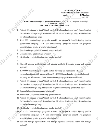 geodeziya va geoinformatika nazorat savollari — DOCX