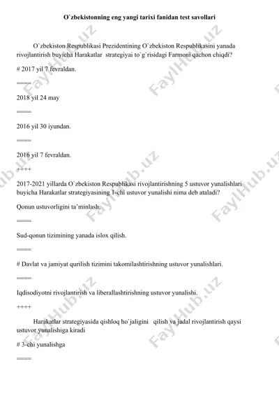 o`zbekistonning eng yangi tarixi fanidan test savollari — DOCX