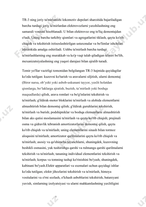 hash asboblari va xavfsizlik tizimlari almashtirilgan holda deyarli to‘liq yangilandi. shuningdek, unga elektr va past kuchlanish kabellari to‘liq almashtirildi, yangi pantograflar, tashqi yoritish uskunalari o‘rnatildi. ushbu lokomotiv ta'mirdan so'ng olgan eng ajoyib vizual yangilanish - bu ko'pchilik shahar aholisining xohishiga ko'ra, unga juda mos keladigan yangi yorqin bo'yoq sxemasi. ko‘p agregatli harakatlanuvchi tarkibni ta’mirlash ustaxonasida uchta zovur(kanava) mavjud bo‘lib, ulardan ikkitasi ikki pog‘onali yo‘l o‘tkazgichlar va bittasi g‘ildirak to‘plamlarini burish uchun mo‘ljallangan maxsus jihozlar bilan jihozlangan. xuddi shu ustaxonada akkumulyator bo'limi va avtotormoz uskunalarini ta'mirlash, tiklash va sinovdan o'tkazish bo'limi mavjud. shu jumladan, depo hududida xitoyda ishlab chiqarilgan elektrovozlarni ta’mirlash va texnik xizmat ko‘rsatish sexi mavjud bo‘lib, ular shunga mos ravishda ushbu turdagi harakatlanuvchi tarkib uchun barcha zarur jihozlarga ega. ishlarning hajmi va xususiyatlari ta'mirlash qoidalari bilan belgilanadi va elektrovozni ta'mirlashga qo'yishdan oldin o'rnatiladigan texnik holatiga qarab belgilanadi. bundan tashqari, g'ildirak to'plamlarini, rolikli o'q qutilarini, avtomatik biriktirgichlarni ta'mirlashda, ta'mirlash qoidalariga …