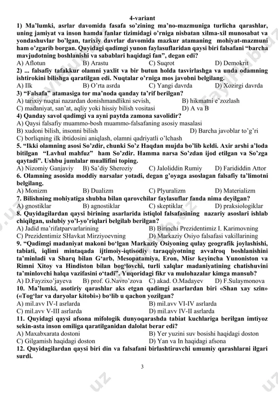 i d) novaxudonasor 18. quyidagi qaysi hududda falsafa paydo bo‘lgan emas, ilmiy bilim kurtaklari fanni hosil qilish darajasigacha rivojlanmagan? a) qadimgi misrda b) qadimgi xitoyda c) qadimgi bobilda d) qadimgi eronda 19. qadimgi xitoyda chjou davlati qachongacha yashadi? a) mil.avv iv asr b) mil.avv iii asr c) mil.avv ii asr d) mil.avv i asr 20. quyidagi qaysi ta’limotning borliq haqidagi qarashlarida yo‘l tushunchasi –markaziy maqomdadir? a) lamaizm b) daosizm c) zardo’shtiylik d) konfutsiychilik 21. qarama-qarshi kuchlar o‘rtasidagi kurash, ya’ni in va yan orasidagi munosabat-bizni o‘rab turgan olamni harakatga keltiruvchi kuchlar manbaidir. ushbu jumlalar quyidagi qaysi ta’limotga tegishli? a) moniy b) mazdak c) daosizm d) konfutsiy 22. quyidagilar orasidan qaysi biri falsafa tarixida birinchi bo‘lib mavjudotlarni ikki qismga: aqliy vujudga va mohiyatga, mohiyatlarni esa to‘qqiz javhar va oraz (aksidensiya)ga bo‘ladi? a) ibn sino b) beruniy c) forobiy d) ibn rushd 23. “hamma unsurlar markazga qarab intiladi, lekin vazminroqlari boshqa unsurlardan o‘zib …