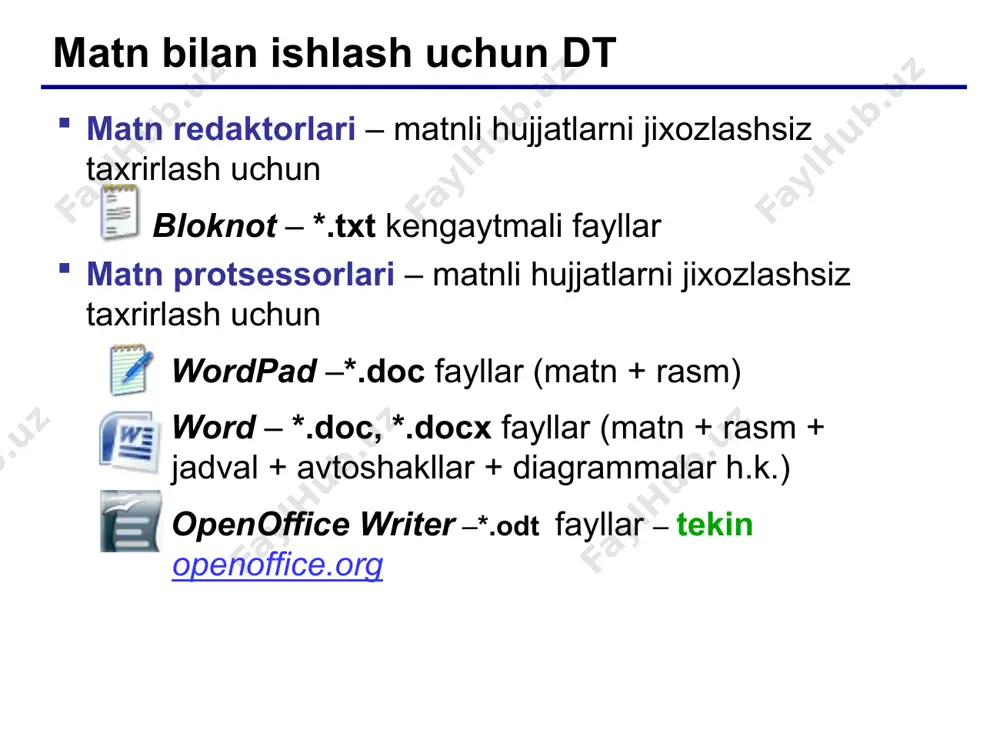 aqlash fayllar guruhini bitta arxivga birlashtirish ma’lumotlarni parol bilan shfrlash fayllarni siqish – bu ularning o’lchamini kamaytirish. maqsad: diskda fayl band qilgan joyni kamaytirish internet otqali uzatish uchun ma’lumotlar hajmini kanaytirish siqish tiplari: yo’qotishsiz: siqish algoritmini bilgan holda, siqilgan fayl birlamchi holatda tiklanadi matnlar dasturlar berilganlar yo’qotishli: siqish jarayonida axborotning bir qismi yo’qotiladi rasmlar (*.jpg) tovush (*.mp3) video (*.mpg) *.zip *.rar *.7z 19 arxivlash va fayllarni siqish sfx-arxiv (angl. self extracting – o’zi ochiluvchi) – bu *.exe, kengaytmasifa ega fayl bo’lib, siqilgan ma’lumotlarni va uni ochish dasturini olgan (taxminan 15 kb). ochish uchun arxivator kerak emas malakaga ega bo’lmagan foydalanuvchi ochishi mumkin fayl o’lchamining ortishi virus bilan zararlanish xavfi ko’p tomli arxiv – bu bit necha qismlarga bo’lingan arxiv. maqsadi: disketa orqali ko’chirish internet orqali ko’chirib olishda qulaylik winrar: abc.part1.rar, abc.part2.rar, …. ko’p tomli sfx-arxiv: abc.part1.exe, abc.part2.rar, …. 7zip: abc.zip.001, abc.zip.002, …. abc.7z.001, abc.7z.002, …. 20 kompyuter viruslari va antiviruslar …