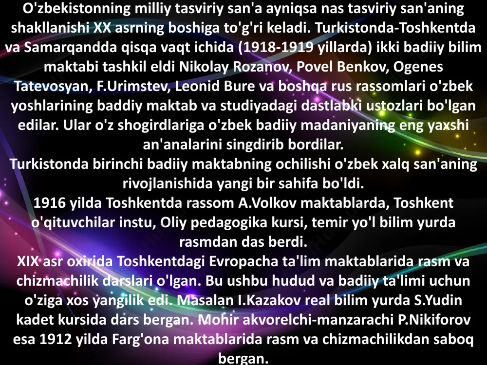 aqti bilan chet elga yashadi. benkov parijda, rimda, madridda buyuk rassomlar - veloskes: bilanrembrantninig boy merosini o'rgandi. rassom akademiyadan o'z o'qituvchi-ustozlari mashhur rassom - grafik kordovskiy va buyuk reninlarni nomini hurmat bilan tilga olgan. benkov ijodi yirik rus demokrat rassomlari ta'sirida tartib topdi. realistik san'at benkov ijodining asosiy prinstipi bo'ldi. nafis tasviriy san'at uning uchun hayotni aktiv aks ettiruvchi vositalardan biri bo'ldi. rassomning qirq yildan oshiq ijodiy faoliyati davomida boshqa ko'p rassomlarga, shu jumladan, o'z ustozlariga o'xshamagan o'z uslubini yaratdi. benkovning o'ziga xos original usulga ega bo'lishida, uning o'zbekistonda yashashi katta ahamiyatga ega bo'ldi. «janubning saxiy quyoshi, go'zal, farovon turmushi, yangi temotikasi ijodimnii yanada qanotlantirib yubordi» deydi rassomning o'zi. abdulhaq abdullaev a. abdullaev 1918 yilda turkiston shahrida kosib oilasida tug'ildi. u maktabni tamomlab 1931 yilda samarqanddagi rassomlik maktabiga o'qishga kirdi. mashhur rassom p.benkov bilan xuddi o'sha erda tanishdi. mohir tajribali usta pedagog o'z shogirdlariga borliqni to'g'ri tushunishni va haqiqiy tasvirlashni …