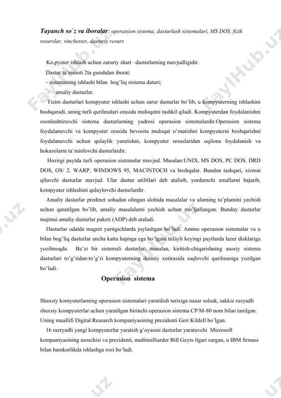 kkiz razyadli shaxsiy kompyuterlar uchun yaratilgan birinchi operasion sistema cp/m-80 nom bilan tanilgan. uning muallifi digital research kompaniyasining prezidenti geri kildell bo’lgan. 16 razryadli yangi kompyuterlar yaratish g’oyasini dasturlar yaratuvchi microsoft kompaniyasining asoschisi va prezidenti, multimilliarder bill geyts ilgari surgan, u ibm firmasi bilan hamkorlikda ishlashga rozi bo’ladi. bill geyts va pol allen basic dasturlash tili uchun tarjimon dastur yozishdi va u ibm firmasining mits altair kompyuteriga moslashtirildi. shundan so’ng 16 razyadli kompyuterlar uchun operasion sistemalar yaratish jadallashdi va 1981 yilda shaxsiy kompyuterlar uchun birinchi yaratilgan cr/m operasion sistemasining ko’p g’oyalarini o’zida mujassamlashtirgan ms dos operasion sistemasi 1981 yil avgust oyida paydo bo’ldi. ms dos 64 k bayt xotiraga ega bo’lgan kompyuterlarga mo’ljallangan bo’lib, o’zi 8 k bayt xotirani egallar edi. o’sha paytda yetarli deb hisoblangan bunday kompyuter xotirasi hozirgi paytda bir ‘’oinchoqqa’’ aylandi. chunki hozirgi zamon shaxsiy kompyuterlarining xotirasi bir necha gegabaytlarga tenglashdi. mualliflar ms dos ni rivojlantirishni davom …