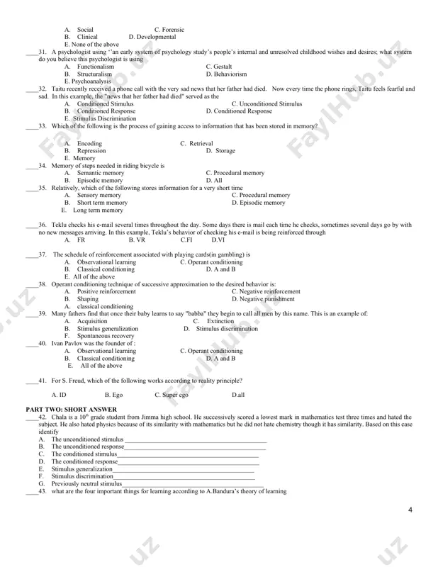 ed c. not every response is reinforced d. the desired response already occurs e. an s- is used ____25. how can something intended as a punisher actually function as a reinforcer? a. if frequency of the "punished" behavior goes up b. if it comes too late after the behavior c. if shaping is used d. if punishment is actually desired by the child e. if the child is on a dro schedule ____26. what is the main difference between classical and operant conditioning? a. classical focuses on involuntary behaviors but operant conditioning focuses on voluntary behaviors. b. classical focuses on voluntary behaviors but operant conditioning focuses on involuntary behaviors. c. the organism is passive in operant conditioning d. classical works on animals; operant works on humans. ____27. which of the following schedule of reinforcement is preferable to teach an organism new behavior? a. fr b. vr c.fi d.vi ____28. b.f. …