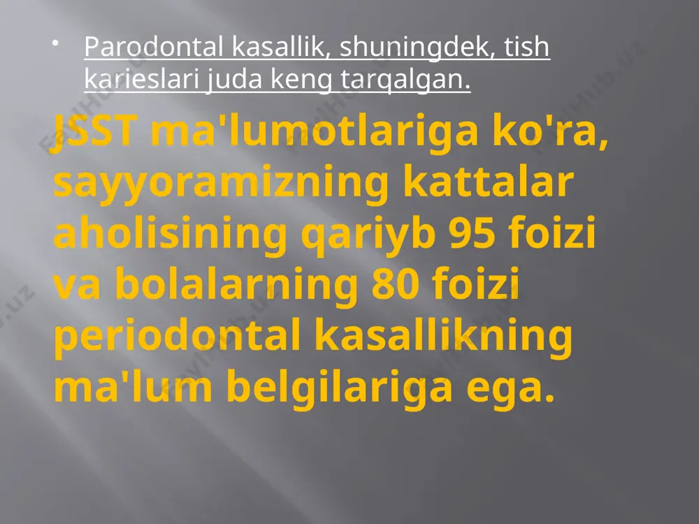 sekin, tsiklik) aniqlang. kasallikning tez rivojlanishini ko'rsatganda (bo'shashish, tishlarning yo'qolishi), birinchi navbatda, diabetes mellitus, so'ngra boshqa umumiy va tish belgilari (quruqlik, og'izda yonish, tashnalik, tana vaznining o'zgarishi va boshqalar) chiqarib tashlanishi kerak. aniqlanishi kerak. bemorni tekshirish. tashqi tekshiruv va og'iz bo'shlig'ini tekshirishni farqlang. bemorning kayfiyatiga, xulq-atvoriga (jahldorlik, tushkunlik, izolyatsiya va boshqalar), terining rangi, mintaqaviy limfa tugunlarining holati, bemorning semizligiga e'tibor bering. gorizontal, vertikal va sagittal tekisliklarda yuzning nisbatlarini aniqlang. tishlash balandligining pasayishi natijasida (tishlash anomaliyasi, chaynash tishlarining ko'payishi, tishlashda nuqsonlar va boshqalar) yuzning pastki qismining qisqarishi qayd etiladi. chaynash va yuz mushaklarining ohangini va kuchlanishini aniqlang. perioral bo'shliqdagi mushaklarning kuchlanishi ko'pincha yomon odatlar va tish yoylarining deformatsiyasi natijasida paydo bo'ladi. tish yoyi va okklyuzion yuzaning deformatsiyasi antagonist tishlarni olib tashlashda sodir bo'ladi (popov-godon fenomeni). mahalliy status og'iz bo'shlig'i shilliq qavati eng yaxshi tabiiy yorug'likda ko'riladi. tish go'shtining shilliq qavatining holatiga e'tibor bering, uni uch qismga bo'lish mumkin: interdental gingival papilla, …