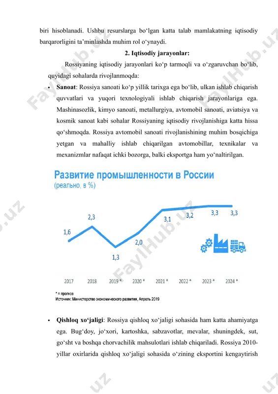 atlari, iqtisodiy barqarorlikka ta’sir qiladi. siyosiy beqarorlik, iqtisodiy sanktsiyalar va harbiy to‘qnashuvlar rossiyaning iqtisodiy xavfsizligiga ta’sir ko‘rsatishi mumkin. shunday qilib, rossiya o‘zining iqtisodiy resurslari, tabiiy boyliklari va sanoat imkoniyatlari bilan dunyo iqtisodiyotida muhim o‘rin tutadi, ammo yuqoridagi xavflar mamlakatning uzoq muddatli iqtisodiy barqarorligini ta’minlashda katta to‘siqlar yaratadi. foydalanilgan adabiyotlar: 1. kuznets, s. (1971). economic growth of nations: total output and production structure. harvard university press. 2. kotov, v. (2019). rossiya iqtisodiyoti: holati va rivojlanish istiqbollari. moskva: iqtisodiyotni rivojlantirish markazi. 3. sachs, j. (2015). the price of civilization: reawakening american virtue and prosperity. random house. 4. world bank (2023). russian federation - overview. world bank website. 5. oecd (2022). economic surveys: russian federation. organisation for economic co-operation and development. 6. ferguson, n. (2012). the ascent of money: a financial history of the world. penguin press. image4.jpeg image5.png image6.jpeg image1.jpeg image2.png image3.jpeg