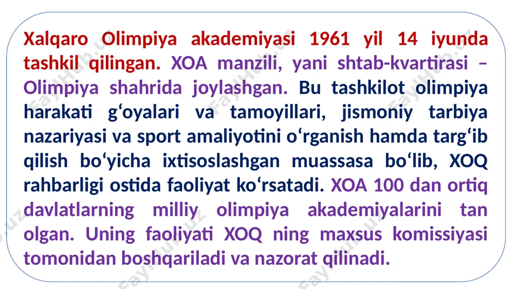 ’riflarni ham berish mumkin: olimpizm – bu alohida, insoniyat tomonidan hosil qilingan yuksak axloqiy qadriyatlarga ma’naviy asosdir; olimpizm – bu jamiyatning o‘ziga xos holatidir, bunda tajovuzkorlik, urush harakatlarini olib borish axloqsizlik hisoblanadi; olimpizm – bu sport, san’at, madaniyat, fan va texnikaning o‘ziga hos uyg‘unlashuvidir. olimpiadalar moddiy va ma’naviy madaniyatning turli tomonlarini rivojlantirish omillaridan biri bo‘ldi. bunday uyg‘unliksiz olimpiya o‘yinlari o‘zining bu darajada maftunkorligiga ega bo‘lmas edi; olimpizm – bu turli davlatlar sportchilarining yagona ahil oilaga birlashishidir. bu o‘zaro yordam, birdamlik, halollikka asoslangan do‘stona munosobatlarni rivojlantirishdir, bu har qanday diskriminatsiyaning yo‘qligidir; olimpizm nafaqat jismoniy sifatlarni, balki tana va ruh uyg‘unligini tarbiyalashga qaratilgan ta’limdir, bu sportchilarda jasurlik, or-nomus, qadr-qimmatni tarbiyalashdir; olimpizm deganda madaniyat va san’at, fan va texnika, ma’naviyat sohalarida sport faoliyatining ilg‘or tajribalari va yutuqlari bilan uyg‘unlashishiga qaratilgan qarashlar tizimi tushuniladi; olimpizm – sport harakatining ma’naviy asosi bo‘lib, unda gumanistik - insonparvar g‘oyalar, insonlarning yaxshi niyatlari, tinchlik, hamkorlikka intilishi aks etadi; …
