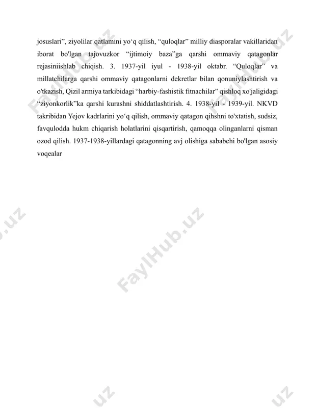 gust. moskvada “sovetlarga qarshi birlashgan trotskiychi-zinovevchilar markazi” ustidan ochiq sud jarayoni bo'lib o'tgan. ayblanuvchilar g.e.zinovev, l.b.kamenev, g.e.evdokimov, i.n.smirnov, s.v.mrachkovskiy va boshqalar. aybnomada s.m.kirovning o‘ldirilishi, stalin, voroshilov, jdanov, kaganovich, ordjonikidzega suiqasd uyushtirishga tayyorgarlik kabi jinoyatlar qayd etilgan. [footnoteref:2]16 ayblanuvchining hammasi “ijtimoiy himoya”ning oliy chorasiga hukm qilinib, 1936-yil 25-avgustda otib tashlangan. mamlakatning turh hududlarida ham shunga oxshash sud jarayonlari bo'lib, ularda 169 dan ortiq odam jazoga tortilgan.- 1936-yil 14-sentabr. “parallel sovetlarga qarshi trotskiychilar kutubxonasi markazi” ishi bo'yicha 1937-yil yanvarida o'tkazilgan sudning bosh ayblanuvchisi yu.l.pyatakov, ikki kundan so'ng esa k.b.radek qamoqqa olingan.- 1936-yii 25-sentabr. vkp(b) mksiyosiybyurosiga sochidan stalin va jdanov tomonidan “ortoq yejovni ichki ishlar xalq komissari lavozimiga zudlik bilan tayinlashni mutlaqo zarur deb hisoblaymiz. yagoda trotskiychi-zinovevlar blokini fosh qilish ishida zimmasidagi vazifani kerakli darajada bajara olmadi” mazmunida telegramma yo'llangan.- 1936-yil 26-sentabr. g.g.yagoda ichki ishlar xalq komissari lavozimidan ozod qilinib, sssr aloqa ishlari xalq komissari etib tayinlangan. n.i.ejov vkp(b) mk kotibi va vkp(b) …