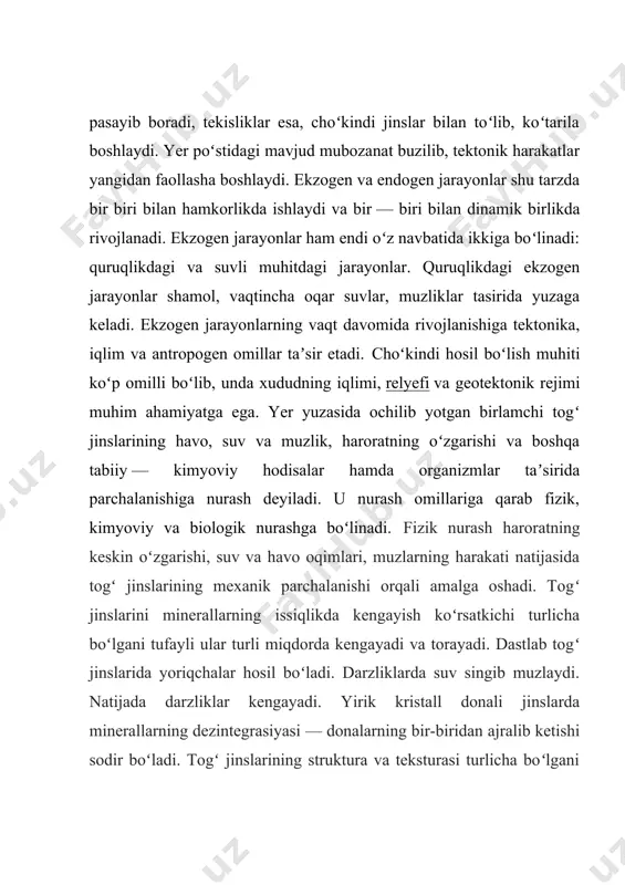 iz kislotalar yoki kuchsiz asoslar hosil qiladi. ion almashuv reaksiyalari gil minerallarida qatlamlararo va sirtqi ionlarning eritma ionlari bilan faol almashinishida sodir boʻladi. oksidlanish — bu kimyoviy reaksiya jarayonida elektron berishdir. nurash qobigʻi deb kimyoviy nurashga uchragan elyuviyga aytiladi. uning qalinligi pastki zonalar hisobiga, pastki zonalari esa tub jinslar hisobiga oshib boradi. nurash qobigʻining qalinligi 30 — 40 m ni tashkil etadi. baʼzan 100-200 m gacha yetishi mumkin. eng qalin nurash qobigʻi tropic va subtropiklarda boʻladi. choʻkindi jinslarda nurash qobigʻi uncha qalin boʻlmaydi, 5-10 m gacha yetishi mumkin. choʻkindi jinslar ayniqsa suv va karbonat angidritga boyigan boʻlsa, qisman yoki toʻliq erib, suv bilan chiqib ketadi. uning oʻrnida karst deb ataluvchi boʻshliq hosil boʻladi. maydonli nurash qobiqlari yirik maydonlarda qoplama shaklida rivojlangan boʻladi. ular tektonik tinch viloyatlardagi yassi togʻliklar va keng suvayirgʻichlardagi maydonlarda rivojlanadi. bu turdagi nurash qobigʻining qalinligi oʻnlab metrlarga boradi. choʻzinchoq nurash qobiqlari darzlashgan zonalar, turli tarkibdagi jinslar kontakti, …