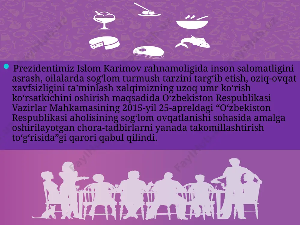 vqatlanishda me’yorni saqlash, yog‘ va tuzni kam iste’mol qilish tavsiya etiladi. choyni iloji boricha taom bilan birga iste’mol qilmaslik lozim. ovqatdan bir-ikki soat keyin choy ichish sog‘liq uchun foydalidir. bunday tamoyillar aholi orasida keng targ‘ib etilmoqda. ba’zi oilalarda to‘g‘ri ovqatlanish tushunchasini yuqori kaloriyali taomlarni to‘yib yeyish, deb tushuniladi. bu zararli odat ko‘plab xastaliklarga zamin bo‘ladi. holbuki, meva-sabzavot inson organizmi uchun juda foydali. ovqatlanish ratsionida bunga ahamiyat beradiganlar o‘z salomatligi haqida qayg‘urgan bo‘ladi ratsional ovqatlanishning muhim printsipi to`g`ri ovqatlanish rеjimiga rioya qilishdir. eng ko`p fiziologik isbotlangan ovqat hazm qilishning rеjimi kuniga to`rt maxallik tashkil qilindi. bunday rеjimda ovqat istе'mol qilish orasidagi vaqt 4 –5 soatni tashkil qiladi, bu esa ovqat hazm qiluvchi apparatga baravar taqsimlab bеrishi va qabul qilingan ovqatni to`liq fеrmеntativ qayta ishlanishi uchun еtadigan vaqtdir. bunda nonushta, sutkalik ratsionning 25% ni, tushlik 35% ni, tolma choy 15% va kеchki ovqat 25% ni tashkilqilishi kеrak. uyquga kеtishdan 3 soat oldin, …