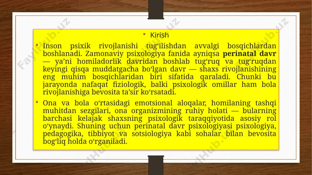 i ko‘rsatadiki, perinatal davrda psixologik yordam ko‘rsatish, homilador ayollarni qo‘llab-quvvatlash va ijobiy muhit yaratish kelajak avlodning sog‘lom, barkamol bo‘lib voyaga yetishida beqiyos ahamiyatga ega. perinatal psixologiyada zamonaviy tadqiqotlar va amaliy ahamiyati perinatal davr inson psixologik rivojlanishida hal qiluvchi bosqichlardan biridir. ona organizmidagi fiziologik va psixologik holatlar homila rivojlanishiga bevosita ta’sir qiladi. shuning uchun perinatal psixologiya fani nafaqat nazariy, balki amaliy ahamiyatga ega bo‘lib, kelajak avlodning sog‘lom psixik rivojlanishini ta’minlashda asosiy vosita sifatida qaraladi. xulosa image5.png image6.png image7.png image8.png image9.png image3.png image4.png /docprops/thumbnail.jpeg