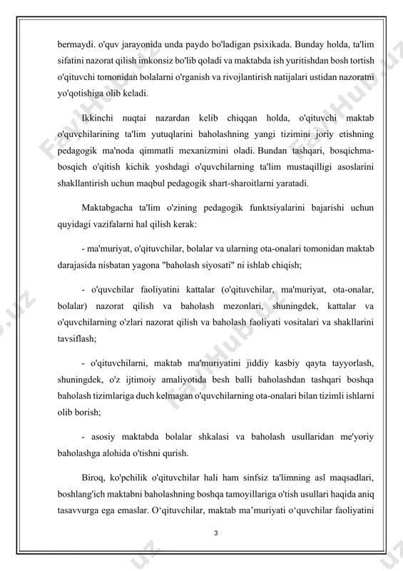alari bo‘yicha yetarli bilimga ega emas; boshlang'ich maktabda nimani baholash mumkinligi haqida turli xil tushunchalar mavjud. yuqorida belgilangan vazifalardan ko'rinib turibdiki, boshlang'ich maktabni modernizatsiya qilishning muayyan vazifasidan sinfsiz ta'lim markaziy va asosiy vazifaga aylanishi kerak, uning hal etilishi keyingi bosqichlarda ta'limni modernizatsiya qilishning muvaffaqiyati yoki muvaffaqiyatsizligini belgilaydi. maktabda o'qish. masalan, og'zaki so'rov talabadan o'rganilgan materialni og'zaki ravishda taqdim etishni, atrofdagi dunyoning muayyan ob'ekti haqida izchil hikoya qilishni talab qiladi. bunday so'rov suhbat, o'quvchining hikoyasi, tushuntirish, kuzatish yoki tajriba bo'yicha hisobot sifatida tuzilishi mumkin. yozma so'rov turli mustaqil va nazorat ishlarini o'z ichiga oladi. pedagogika fani va amaliyotida ushbu mehnat turlari haqida quyidagi tushunchalar shakllangan: mustaqil ish - bu kursning kichik (hali tugallanmagan) mavzusi bo'yicha maktab o'quvchilarining bilim va ko'nikmalarini qisqacha (15-20 daqiqa) yozma tekshirish. ishning asosiy maqsadlaridan biri maktab o'quvchilarining ta'lim muammolarini hal qilish usullarini o'zlashtirishini tekshirish; tushunchalarni tushunish; muayyan qoidalar va naqshlarda yo'naltirish. mustaqil ish ko'nikma va malakalarni shakllantirishning …