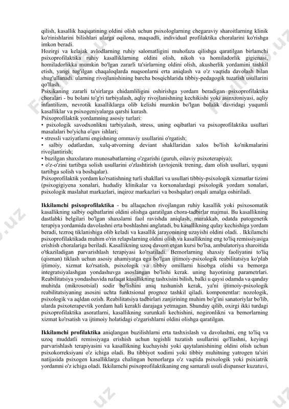 lan birlashtirilgan patopsixologiya bilan shug'ullanadi. bu tibbiyot psixologiyasining bir bo'limi bo'lib, tibbiyot va psixologiya kesishmasida paydo bo'lgan fan. patopsixologiya nisbatan yosh fan bo'lib, unga bo'lgan ehtiyoj nihoyatda katta. bu, birinchi navbatda, psixiatrlar, klinik psixologlar, defektologlar, o'qituvchilar, huquqshunoslar, reabilitatsiya bo'yicha mutaxassislarga kerak. sud-psixiatriya, sud-psixologik, harbiy, mehnat ekspertizasini olib boradigan mutaxassislar uchun patopsixologiya sohasidagi bilimlar alohida ahamiyatga ega. patopsixolog nafaqat boshqa mutaxassisga diagnostik ma'lumotlarni taqdim etishi, balki o'zi kashf etgan, patopsixologik belgilarning paydo bo'lishi bilan bog'liq bo'lgan aqliy faoliyatdagi o'zgarishlarning psixologik tuzilishini ham taqdim etishi kerak. aynan o'ziga xos ruhiy kasalliklar doirasiga mos keladigan yanada og'ir ruhiy kasalliklarning xabarchisi bo'lgan psixik faoliyatdagi o'zgarishlarning psixologik tuzilishi patopsixologiyaning o'rganish predmeti hisoblanadi. neyropsixologiya. psixologiya, neyroxirurgiya, nevrologiya va fiziologiya chorrahasida shakllangan klinik psixologiyaning bir bo'limidir. neyropsixologiyaning asoschisi a.r. luriya. neyropsixologiyaning maqsadi miyaning mahalliy lezyonlarini tashxislash uchun psixologik usullardan foydalangan holda inson aqliy faoliyatining miya mexanizmlarini o'rganishdir. biroz vaqt o'tgach, a.r. luriya neyropsixologiyaning vazifasini simptomni kvalifikatsiya qilishda …