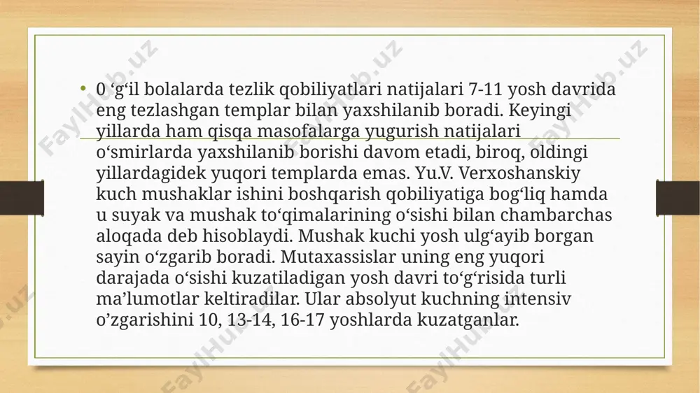 ish yoki zarba berish vaqti va shu singarilar. aynan bitta harakatning o‘zini turli usullar bilan bajarish mumkin, biroq harakatni eng ratsional bajarilishi ijro texnikasi deb aytiladi. odatda, jismoniy mashqlarni bajarish texnikasi harakatlarni ijro etish usullarini berilgan vaqt oralig‘ida etakchi sportchilar tomonidan ilmiy izlanish va tahlil qilish hamda amaliyotda tekshirish natijasi hisoblanadi. chunonchi, zamonaviy texnika harakatning ratsional asosini barcha ijro etuvchilar uchun bir xil darajada aks ettiradi. bunday texnikani standart yoki standartlashgan texnika deb yuritiladi. didaktik nuqtai nazardan, jismoniy mashqlaming quyidagi uchta fazasi o‘zaro bir-biridan farqlanadi: 1. tayyorlov fazasi, uning maqsadi - bu asosiy - bosh masalani echish uchun eng qulay sharoitlarni (masalan, sakrashda bu qulay va tez yugurib kelishni) yaratishdir. 2. asosiy faza - asosiy, ya’ni bosh vazifani hal qilish (sakrashda yaxshi depsinish va uchish). 3. yakuniy faza - ishchi holatdan chiqish (sakrashda - bu qo‘nish). uchchala fazalarning hammasi bir-biri bilan chambarchas bog‘liq. harakat faoliyati siklik xarakterga ega bo‘lgan sport …