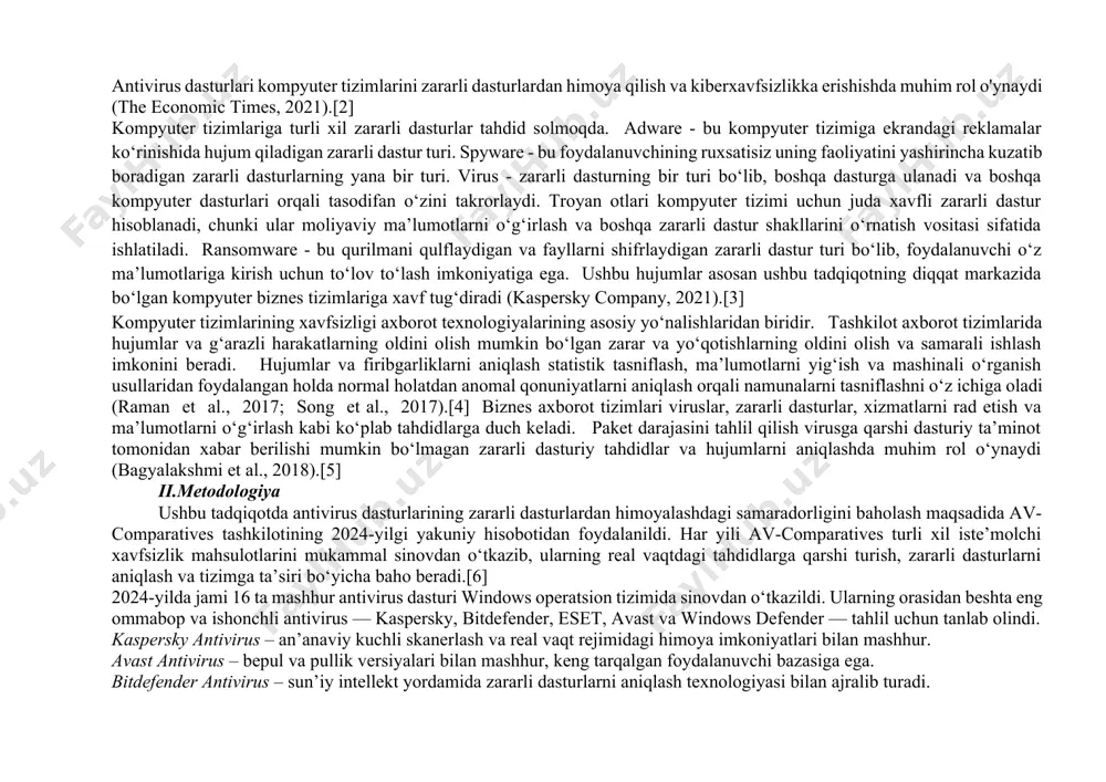 ko'ra, 2020 yilda butun dunyo bo'ylab tashkilotlarning 1 416 295 227 tarmoq resurslari bloklangan, antivirus dasturlari esa noyob url manzillariga 456 573 467 zararli hujumni tan olgan. antivirus fayllari 87 941 334 ta noyob zararli va potentsial kiruvchi ob'ektlarni aniqladi (kasperskiy kompaniyasi, 2021).[1] hozirgi ish dunyosidagi kompyuter tizimlari zararli dasturlar yoki zararli hujumlarning turli shakllariga duch keladi, ular tabiatan juda kuchli dushmandir. bunday dasturiy ta'minotning maqsadi kompyuter tizimlarining ishini o'chirib qo'yishdir va ular turli xil yashirin sabablar bilan to'sqinlik qilishi mumkin, masalan, kompyuter tizimi foydalanuvchilaridan pul ishlash, foydalanuvchilarni shantaj qilish yoki ma'lumotlarni o'g'irlash, tadbirkorlik faoliyatini amalga oshira olmaslik va boshqalar. zararli dasturlarning rivojlanishi ularni kompyuter tizimlarida aniqlashni qiyinlashtirdi, chunki ular tizimga chuqur yashirinish qobiliyatiga ega. antivirus dasturlari kompyuter tizimlarini zararli dasturlardan himoya qilish va kiberxavfsizlikka erishishda muhim rol o'ynaydi (the economic times, 2021).[2] kompyuter tizimlariga turli xil zararli dasturlar tahdid solmoqda. adware - bu kompyuter tizimiga ekrandagi reklamalar ko‘rinishida hujum …