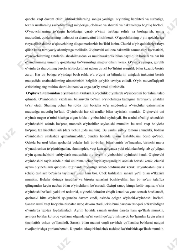 rni bо‘ladigan keyingi о‘yinlarga qulayroq joyga qayta saflanish kerak. о‘yinni aytib berish (hikoya qilib) о‘yinni о‘tkazishda katta muvaffaqiyatga erishishdagi omillaridan biri, uni tushuntirilishiga bog‘liqdir. о‘yinni tushuntirib yoki hikoya qilib berishdan oldin, о‘qituvchi о‘zida о‘yin tо‘g‘risida tо‘liq tasavvurga ega bо‘lishi kerak. о‘yinni tushuntirish aniq va qisqagina bо‘lishi kerak. bolalarda о‘yinni boshlash oldidan о‘yin oldidan hayajonlanish holatida turadilar va uzoq vaqt davomida tushuntirilsa о‘yinni idrok qilishiga salbiy ta’sir qilishi mumkin. kichik sinflarda о‘yinlarni hikoya tarzida, ifodali, qiziqarli shaklda о‘tkaziladigan о‘yinlardan tashqari bо‘lishi mumkin. hikoya qilib berilishi mantiqiy tо‘g‘ri, ketma-ketlikda bо‘lishlik uchun о‘yinni tushuntirishi bо‘yicha reja tо‘zish shart. о‘yinni asosiy mazmunini aytib berish uchun quyidagi reja tо‘zishni tavsiya qilinadi: 1) о‘yinning nomi; 2) о‘ynovchilarning roli va ularning turish joyi; 3) о‘yinni borishi; 4) о‘yinni maqsadi; 5) о‘yin qoidalari. о‘yinni bunday hikoya qilish rejasi о‘yinni mazmunini tо‘liq ketma-ketlikda ochib berish imkoniyatini beradi. о‘qituvchi о‘yinni borishi tо‘g‘risida hikoya qilib borar ekan, uni oxirida bolalarni esida …