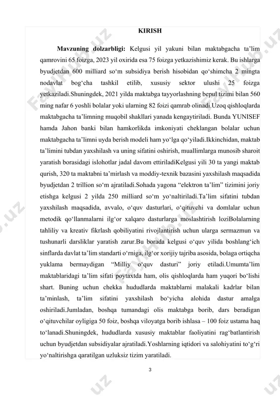 da maktablarni malakali kadrlar bilan ta’minlash, ta’lim sifatini yaxshilash bo‘yicha alohida dastur amalga oshiriladi.jumladan, boshqa tumandagi olis maktabga borib, dars beradigan o‘qituvchilar oyligiga 50 foiz, boshqa viloyatga borib ishlasa – 100 foiz ustama haq to‘lanadi.shuningdek, hududlarda xususiy maktablar faoliyatini rag‘batlantirish uchun byudjetdan subsidiyalar ajratiladi.yoshlarning iqtidori va salohiyatini to‘g‘ri yo‘naltirishga qaratilgan uzluksiz tizim yaratiladi. kurs ishining maqsadi: prezident sh mirziyoyevning ta’lim jarayonlarning isloxatlari va o’ziga xoslik jihatlari bilan tanishish kurs ishining obyekt: prezident sh mirziyoyevning ta’lim jarayoni haqidagi fikri to’g’risida keltirilgan izoxlarni tahlil qilish kurs ishining predmeti: prezident sh mirziyoyevning ta’lim jarayonlarning isloxatlari va shart sharoitlarini o’rganish va ular bilan tanishish kurs ishining vazifasi: 1.sh.mirziyoyevning o'qituvchilar haqida fikrlari 2.sh.mirziyoyevning o’qituvchilar vazifalari haqida 3.sharq olimlarining o’qituvchi haqidagi fikrlari kurs ishining metadalagik asos: o’zbekiston respublikasi konistitutsiyasi ta’lim to’g’risidagi qonun vazirlar maxkamasining mavzuga tegishli bo’lgan farmon farmoish qarorlari.mavzuni yorituvchi ilmiy adabiyotlar va ilmiy maqolalar internet ma’lumotlari. kurs ishining tuzilishi: kirish, asosiy qism, 4 ta …