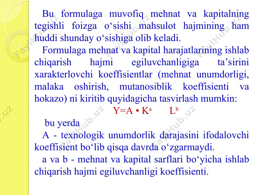arini oshirish yordamida to‘liq bandlilikni ta’minlab turish uchun (μ α) miqdorga teng bo‘lishi kerak. bundan xulosa shuki investitsiyalarning mutanosib o‘sish sur’atijamgarishga chegaralangan moyillik va investitsiyalarning unumdorligi ( kapital kaytimi) darajalarining xosilasi ekan. agar μ = 0,2 α=0,4 bo‘lsa d i / i = 0,2* 0,.4 =0,08 yoki 8 % demak investitsiyalarning o‘sish sur’ati 8% bo‘lishi talab etiladi. e. domar moddelidan kelib chikadigan umumiy xulosa shuki iqtisodiy o‘sishni ta’minlash uchun investitsiyalar hajmini oshirish, bu uchun esa jamgarish normasi hamda fan texnika taraqqiyoti orqali kapitalning samaradorligini oshirish zarur.. agar e. domar o‘z modelida investitsiyalarni ekzogen tarzda berilgan miqdor ded olgan bo‘lsa r.f. xarrodning 1939-yilda ishlab chikilgan iqtisodiy o‘sish modeliga akselerator prinsipi va tadbirkorlarning kutishiga asoslangan endogen funksiyasi ham kiritildi. akselerator prinsipiga ko‘ra nafakat investitsiyalar ishlab chiqarishning o‘sishini keltirib chiqaradi, balki ishlab chiqarish va daromadlarningning o‘sgan xajmi ham investitsiya jarayonlarining jadallashishiga olib keladi. 4.3. iqtisodiy o‘sishning neokllasik modellaridan samarali foydalanish iqtisodchi olimlarning iqtisodiy …
