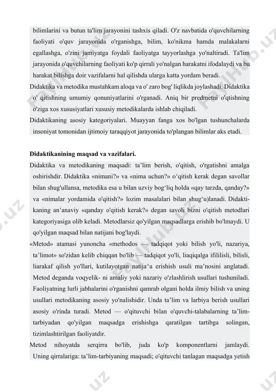 a solingan, tizimlashtirilgan faoliyatdir. metod nihoyatda serqirra bo'lib, juda ko'p komponentlarni jamlaydi. uning qirralariga: ta’lim-tarbiyaning maqsadi; o'qituvchi tanlagan maqsadga yetish usullari; o'qituvchi bilan o'quvchi- talabalarning hamkorlik qilish yo'llari; ta’lim maqsadini aniq o'quv materiali mazmunida ifodalash; ta’lim-tarbiya jarayonining (qonun, qonuniyatlar, prinsiplar) mantig'i; axborotlar manbasi; o'qituvchining mahorati; ta’lim-tarbiya jarayoni qatnashchilarining faolligi; o'qitish vositalari va usullari tizimi va boshqalarni yozish mumkin. murakkabligi uchun ham metodni yagona ma’noga ega tarzda ifodalash qiyin. shu bois metodning mazmun-mohiyatini, sifatlarini soddalashtirilgan variantdagi ta’riflarda berishga to'g'ri keladi. o'qitish metodlarining serqirraligi, murakkab tuzilishga ega ekanligi unga turli jihatdan yondashuvlarda o'z ifodasin1 topadi. p. podlasiyning fikricha, metod-jarayonning o'zagi, rejalashtirilgan maqsadni yakuniy natija bilan bog‘lovchi bo‘g‘in. uning «maqsad — mazmun — metodlar — shakllar - o‘qitish vositalari» tizimidagi roli hal qiluvchidir1. pedagogik amaliyotda, an'anaga muvofiq, o‘quv - tarbiyaviy maqsadlarga erishish uchun qo'llanilayotgan, tartibga solingan faoliyat usuli metod deb tushuniladi. bunda o‘qituvchining o‘qitish faoliyati usullari bilan o'quvchining o'qish faoliyatining usullari bir-biriga bog'liqligi …