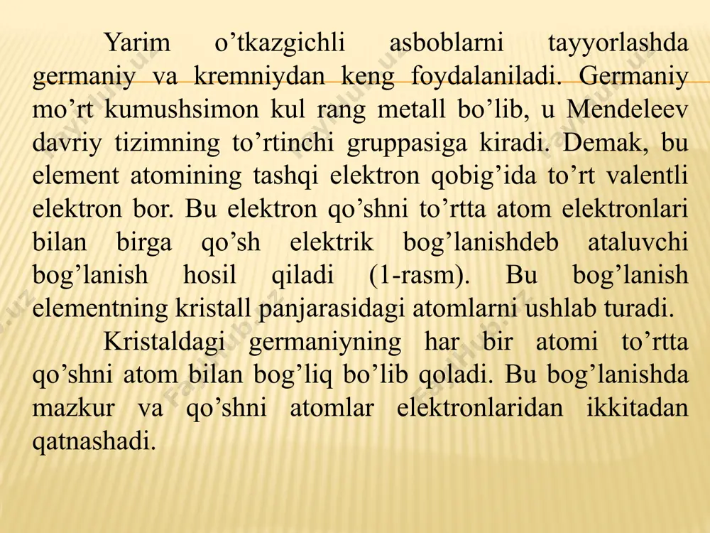 g erkin elektronlar harakati hisobiga o’tkazuvchanligi elektron o’tkazuvchanlik yoki n tipidagi o’tkazuvchanlik (negative-manfiy) deb ataladi. tashqi orbitadan bir yoki bir necha elektron yo’qotgan yarim o’tkazgich atomi musbat ion bo’ladi, yarim o’tkazgichlardagi bunday atom teshikdeb nomlangan. bunda bu atomda bitta elektron yetishmasligini ta’kidlab o’tish kerak. hosil bo’lgan teshikni qo’shni atom elektroni to’ldirishi mumkin, bunda qo’shni bog’lanishda xuddi yuqoridagidek elektron bilan to’ldirish mumkin bo’lgan yangi teshik hosil bo’ladi va hokazo. yarim o’tkazgichda teshikning tartibsiz harakati sodir bo’ladi, ya’ni u elektron harakat yo’nalishiga qarama-qarshi tomonga siljiydi. avvalgidek zaryadlarni elektronlar tashisa ham, biroq ularning o’tishi yagona musbat zaryadlarning qarama-qarshi tomonga siljishiga sabab bo’ladi. teshiklarning harakati tufayli o’tkazuvchanlik teshikli o’tkazuvchanlik yoki p tipidagi (positive-musbat) o’tkazuvchanlik deb ataladi. sof yarim o’tkazgichda teshiklar soni erkin elektronlar soniga teng. o’tkazuvchanlik ikki xil ishorali bir xil sonli zaryadlarning harakati bilan hosil qilinadi. erkin elektronlar kristallda siljib, teshikka kirib qoladi va shunday qilib buzilgan bog’lanishlar tiklanadi. bu jarayon rekombinatsiya deb …