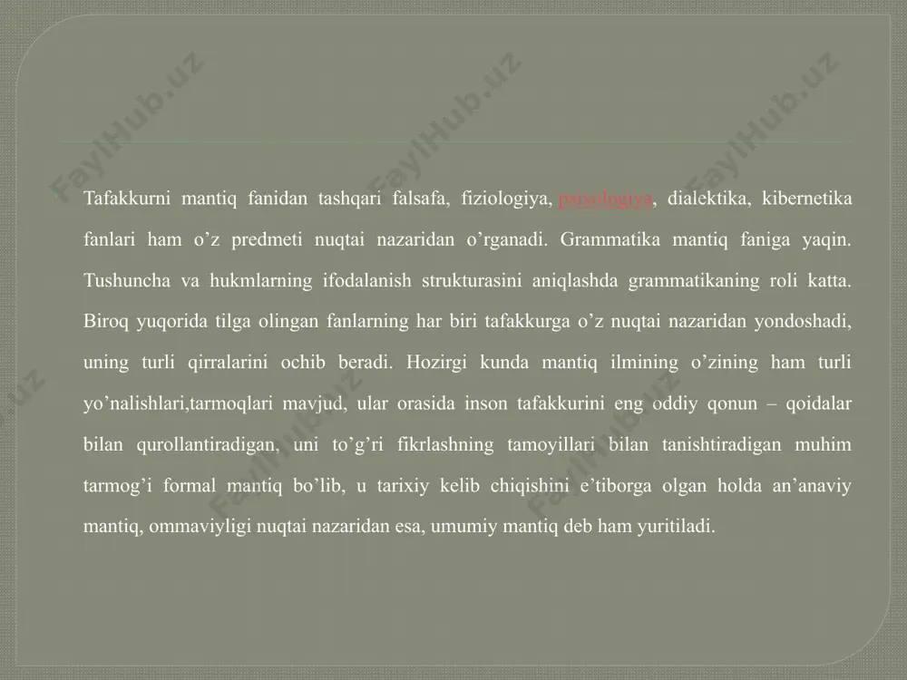 amma ziyolilar aqliy mehnat bilan shug’ullanadilar», «hamma kapalaklar hasharotdir» degan fikrlarning mazmuni turlicha bo’lsada, ularning tuzilishi, shakli bir xildir. shuning uchun ularni «hamma s – r dir» yoki «hamma a – v dir», deb ifodalash mumkin.formal mantiq va klassik mantiq tushunchalari sinonim tushunchalar bo’lib,unda muloxazalar ikki qiymatli, ya’ni chin yoki xato bo’ladi. dialektika esa rivojlanish jarayonida aynanlik, tafovutlar va qarama – qarshiliklar darajasiga ko’tariladi, nozidlik taraqqiyot manbai bo’lmay, balki ular o’rtasidagi qarama – qarshilik taraqqiyotni ta’minlaydi, deb ko’rsatadi. formal mantiq va dialektik mantiq bir – biriga muqobil metodlarga asoslanadi. ular mustaqil ta’limot hisoblanadi. dialektik mantiq falsafiy metod sifatida, falsafaning muhim tarkibiy qismi sifatida mavjud bo’lsa, formal mantiq mustaqil fan sifatida shakllangan ta’limotdir. matematik mantiq – fikrlash jarayonini turli simvollar yordamida, matematik usul asosida o’rganadi. bu ta’limot mantiq fanining rivojlanishidagi yangi bosqich hisoblanadi. ammo matematik mantiqning matematikaning o’zidan ham, mantiq ilmidan ham farqli tomonlari bor. shuning uchun matematikaning barcha tomonlarini bu …