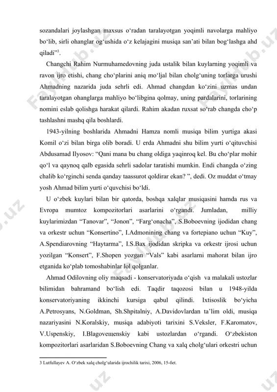 a malakali ustozlar bilimidan bahramand bo‘lish edi. taqdir taqozosi bilan u 1948-yilda konservatoriyaning ikkinchi kursiga qabul qilindi. ixtisoslik bo‘yicha a.petrosyans, n.goldman, sh.shpitalniy, a.davidovlardan ta’lim oldi, musiqa nazariyasini n.koralskiy, musiqa adabiyoti tarixini s.veksler, f.karomatov, v.uspenskiy, i.blagoveщenskiy kabi ustozlardan o‘rgandi. o‘zbekiston kompozitorlari asarlaridan s.boboevning chang va xalq cholg‘ulari orkestri uchun “konsertino”, fattoh nazarovning “qo‘shiq va raqs”, g‘.qodirovning “syuita”si, m.ashrafiyning “farg‘onacha yalla”, “so‘zsiz qo‘shiq”lar a.odilov konsert repertuaridan mustahkam o‘rin egallagan. uning ijrosidagi chang taronalari o‘zbekiston radiosi “oltin fondi”da alohida o‘rin tutadi. u chang cholg‘usi ijrochilik imkoniyatlarini nafaqat o‘zbekistonda balki, barcha xorijiy mamlakatlarda, jumladan, suriya, livan (1971), birma, laos, vetnam (1974, 1986), vengriya (1978), polsha (1980), bolgariya (1983) da targ‘ib etgan. ahmad odilov o‘qituvchilik faoliyatini 1944- yili hamza nomidagi bilim yurtida boshlaydi. keyinchalik 1957-1960-yillarda mazkur bilim yurtining direktori bo‘lib ishlaydi. ahmad odilov konservatoriyada o‘qib yurgan kezlaridayoq birinchi kurs talabalariga chang sinfidan dars bera boshlaydi. uning shogirdlari yuzdan ortiq bo‘lib, birinchisi farruh mirusmonovdir. ular respublikamizning …