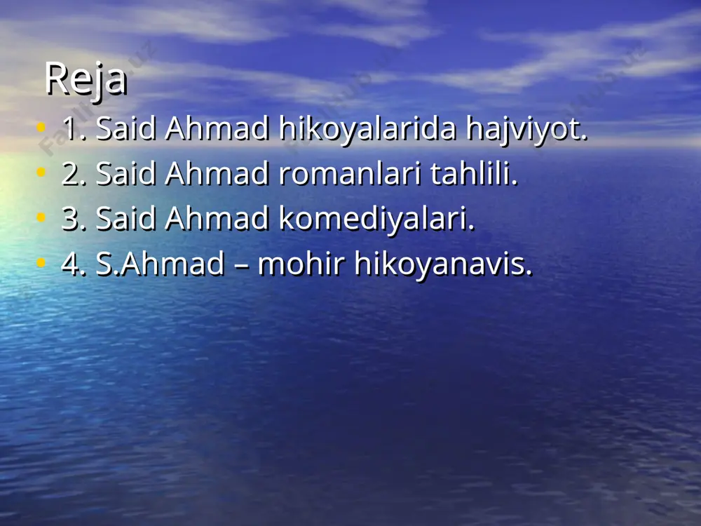 asmchilik qildi. quruvchilik qildi doktorlikka o’qidi erishgan yutuqlari. 1968-yil o’zbekistonda xizmat ko’rsatgan madaniyat xodimi. 1980-yil o’zbekiston xalq yozuvchisi. 1996-yil “do’stlik” ordeni. 1997-yil “buyuk xizmatlari uchun” ordeni. 1999-yil o’zbekiston qahramoni. said ahmadning adabiy merosi hajviya hikoya qissa roman komediya oybekning psixologik tasvir mahorati g’ofur g’ulom yumori abdulla qahhor bayonidagi lakonizm said ahmad mahorati. to’plamlari “tortiq” (1940) “er yurak”(1942) “farg’ona hikoyalari”1948 “muhabbat”(1949) “cho’l burguti” (1960) “xandon pista”(1994) “bir o’pichning bahosi”(1995) “cho’l oqshomlari” “odam va bo’ron” “tortiq” (1940) “azroil o`tgan yo`llarda” “buqalamun bilan uchrashuv” “qorako`z majnun” “yalpiz hidi” “turnalar” “cho`l burguti” komediyalari “kuyov”, “kelinlar qo`zg`oloni” qissalari “qadrdon dalalar” “hukm” “ufq” trilogiyasi “qirq besh kun” (1974) “hijron kunlari” (1964) “ufq bo`sag`asida” (1969) “qirq besh kun” romani qahramonlari romanning asosiy qahramonlari akbarali inoyat oqsoqol “qirq besh kun” azizxon lutfinisa ummatali “hijron kunlari” romani qahramonlari romanning asosiy qahramonlari tursunboy inoyat oqsoqol a`zamjon dildor risolat “hijron kunlari” ikromjon jannat xola zebixon nizomjon “ufq bo`sag`asida” romani qahramonlari romanning …