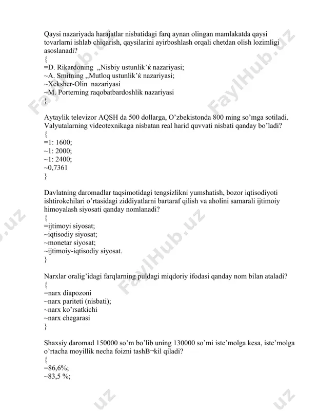judga keladigan bozor narxidir. ~muayyan tovarni ishlab chiqarishga sarflangan baynalminal harajatlarni, tovarning jahon standarti talabiga mos kelish darajasini va xalqaro bozordagi talab va taklif nisbatini hisobga oladi. ~ishlab chiqaruvchilar tomonidan katta miqdordagi tovarlar bir yo’�la ko’�tarasiga sotilganda qo’�llaniladigan narx. } hududiy narx bu-? { ~bu talab va taklif asosida vujudga keladigan bozor narxidir. ~muayyan tovarni ishlab chiqarishga sarflangan baynalminal harajatlarni, tovarning jahon standarti talabiga mos kelish darajasini va xalqaro bozordagi talab va taklif nisbatini hisobga oladi. =faqat ma’lum hududiy bozorga xos bo’�lib, u shu hudud doirasidagi omillar ta’sirida hosil bo’�ladi. ~ishlab chiqaruvchilar tomonidan katta miqdordagi tovarlar bir yo’�la ko’�tarasiga sotilganda qo’�llaniladigan narx. } jahon xo’�jaligi bu-? { ~bu talab va taklif asosida vujudga keladigan bozor narxidir. ~mamlakatlarning jahon miqyosida iqtisodiy aloqalarining kuchayishi hamda iqtisodiy munosabatlarning tobora kengroq jabhalarini qamrab olishi jarayoni. ~jahon xo’�jaligining butun makonini qamrab oluvchi iqtisodiy munosabatlar yagona tarmog’�ining tashkil topishi va rivojlanishi. =xalqaro mehnat taqsimoti, savdo-ishlab chiqarish, …