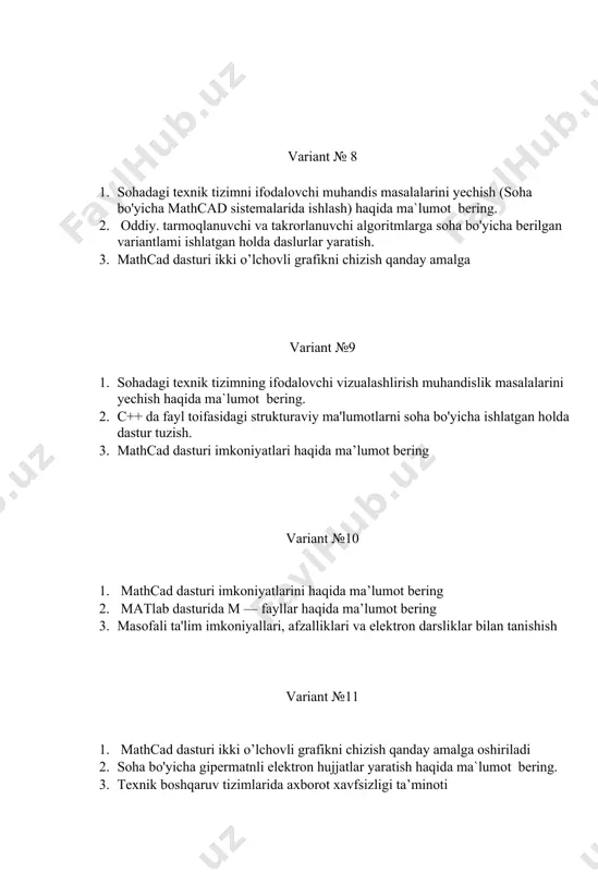 sitalari haqida ma’lumot bering . variant №17 1. mathcadning oynasi va uning matematik panel vositalari haqida ma’lumot bering . 2. c++ da fayl toifasidagi strukturaviy ma'lumotlarni soha bo'yicha ishlatgan holda dastur tuzish. 3. elektron pochtaning qanday imkoniyatlari bor? variant №18 1. qidiruv tizimlari haqida tushuncha bering. 2. borland c++ builder 6 muhitida ma‟lumotlar bazasi va uni qayta ishlash qanday amalga oshiriladi? 3. struktura tipidagi o‟zgaruvchilar xotiradan qancha joy egallaydi? variant №18 1. borland c++ builder 6 muhitida ma‟lumotlar bazasi va uni qayta ishlash qanday amalga oshiriladi? 2. strukturalar massivi qanday e‟lon qilinadi? 3. web texnologiyalari yordamida qidiruv tizimidan olingan ma'lumotlarni web sahifa sifatida tayyorlash. variant №18 1. ttable, tadotable, tdbgrid, tdbnavigator komponentlari yordamida 2. elektron pochtada hujjat , rasm va turli fayllarni jo’natish. 3. c++ tilida struktura nima? variant №19 1. c++ tilida birlashma nima? 2. strukturani funksiya argumenti sifatida ishlatish. 3. sql tilini qo‟llash qanday amalga oshiriladi? ma‟lumotlar bazasini …