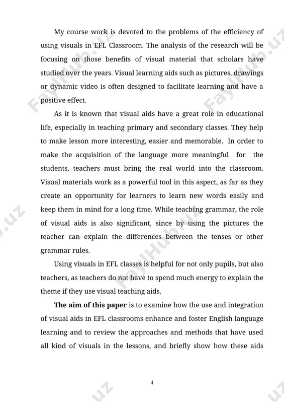elp to make lesson more interesting, easier and memorable. in order to make the acquisition of the language more meaningful for the students, teachers must bring the real world into the classroom. visual materials work as a powerful tool in this aspect, as far as they create an opportunity for learners to learn new words easily and keep them in mind for a long time. while teaching grammar, the role of visual aids is also significant, since by using the pictures the teacher can explain the differences between the tenses or other grammar rules. using visuals in efl classes is helpful for not only pupils, but also teachers, as teachers do not have to spend much energy to explain the theme if they use visual teaching aids. the aim of this paper is to examine how the use and integration of visual aids in efl classrooms enhance and foster english …