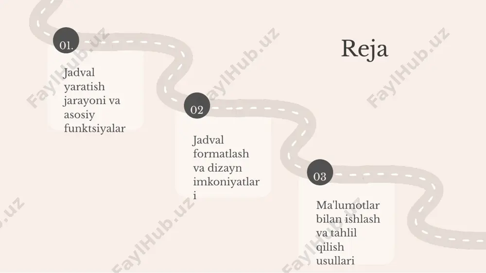 foydalanish ma'lumotlarni aniq va tartibli ko'rsatish imkonini beradi. bu, shuningdek, auditoriyaning e'tiborini jalb qilishda yordam beradi. jadvallarni boshqa foydalanuvchilar bilan bo'lishish uchun onlayn platformalardan foydalanish mumkin. bu jarayon jadvallarga kirishni va ularni tahlil qilishni osonlashtiradi. jadval formatlash asoslari jadval formatlashning maqsadi ma'lumotlarni aniq va tartibli ko'rsatishdir. bu taqdimotlar va hisobotlarda o'qish uchun qulaylik yaratadi. masalan, yaxshi formatlangan jadvalda ma'lumotlar tezda qabul qilinadi va tahlil qilinadi. jadvalning asosiy elementlari quyidagilardan iborat: 1. sarlavhalar - ustunlar nomi. 2. qatorlar - ma'lumotlar to'plami. 3. ustunlar - ma'lum bir kategoriya bo'yicha ma'lumotlar. 4. hujayralar - individual ma'lumotlar joylashgan joy. jadval formatlashda quyidagi vositalar qo'llaniladi: 1. ustun va qator o'lchovlari. 2. hujayra chegaralari. 3. ranglar va fonlar. 4. matn formatlash vositalari. jadval dizaynining asosiy qoidalari: 1. o'qilishi oson bo'lishi kerak. 2. keraksiz ma'lumotlardan qochish lozim. 3. ranglar va shriftlar bir-biriga mos kelishi kerak. misol uchun, o'qish uchun qulay bo'lgan kontrastli ranglardan foydalanish. jadval yaratish jarayoni …
