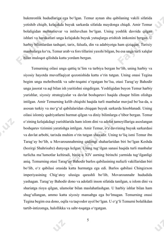tuzish, tartib o‘rnatish va aholi farovonligini ta’minlash edi. movarounnahrda siyosiy vaziyat murakkab bo‘lib, turli qabilalar va hukmdorlar o‘zaro raqobat olib borardi. amir temur dastlab kichik hududlar ustidan nazorat o‘rnatib, asta-sekin o‘z ta’sir doirasini kengaytirdi. u siyosiy jarayonlarda aql-zakovat bilan harakat qilib, o‘ziga sodiq odamlarni atrofida jamladi. uning asosiy maqsadi hududda barqarorlikni tiklash va kuchli davlat barpo etish edi. siyosiy faoliyatining dastlabki bosqichlarida u harbiy strategiyalar orqali raqiblarini mag‘lubiyatga uchratdi. harbiy yurishlarda muvaffaqiyat qozonib, o‘z hokimiyatini mustahkamladi. shu tariqa u movarounnahr va unga qo‘shni hududlarda o‘z hukmronligini o‘rnatishga muvaffaq bo‘ldi. amir temur o‘z davrining buyuk davlat arbobi va sarkardasi sifatida tarix sahnasida katta iz qoldirgan. uning siyosiy faoliyati movarounnahrda mustahkam davlat tuzish, adolatli boshqaruv o‘rnatish va turli yurishlar orqali hududlarni birlashtirishga qaratilgan. u davlat boshqaruvida qat’iyat va dono qarorlar qabul qilish orqali barqarorlikni ta’minlagan. uning siyosiy yondashuvi kuch, intizom va strategik rejalashtirishga asoslangan bo‘lib, bu tizim keyingi hukmdorlar uchun ibrat bo‘lib …