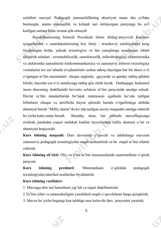un eng avvalо ishni o’qituvchi va o’quvchilarning darsga nisbatan yangicha yondashishdan bоshlash kerak. o’quvchilarga chuqur bilim berishda erishgan muvaffaqqiyatlarning sirini ham, yo’l qo’ygan kamchiliklarimizning sabablarini ham оlib bоrgan darsimizdan izlamоq kerak. ushbu kurs ishida umum o’rta ta’lim maktablari, akademik litsey va kasb- hunar kоllejlari matematika dasturida chiziqli funksiya o’qitilishiga e’tiborni qaratilib, o’quvchilarga ko’rsatilishi kerak bo’lgan chiziqli funksiyalardan namunalar keltirilgan. i bob funksiya tushunchasi va uning xususiyatlari. 1-§ funksiya tushunchasi haqida tarixiy ma`lumot vа uning tа’rifi “funksiya” so`zi lotincha “functio” so`zidan olingan bo`lib,u sodir bo`lish bajarish degan ma`nolarni bildiradi.funksiyaning dastlabki ta`riflari g.leybnits, i.bernulli, n.i.lobachevskiy asarlarida berilgan.funksiyaning hozirgi ta`rifini bilishmasada,qadimgi olimlar o`zgaruvchi miqdorlar orasida funksional bog`lanish bo`lishi lozimligini tushunishgan. to`rt ming yil avvalroq bobil olimlari radiusi r bo`lgan doira yuzi uchun-xatoligi sezilarli bo`lsada- formulani chiqarishgan. sonning darajasi haqidagi ilk ma`lumotlar qadimgi bobilliklardan bizgacha yetib kelgan bitiklarda mavjud. xususan, ularda natural sonlarning kvadratlari,kublari jadvallari berilgan. buyuk qomusiy daho abu rayhon beruniy ham o`z …