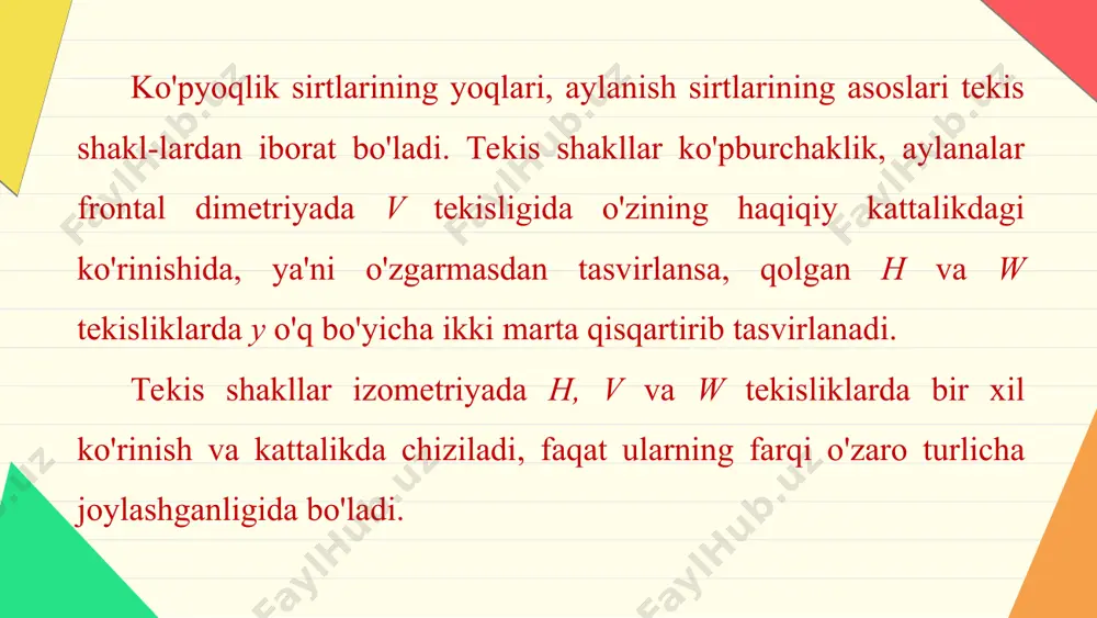 b qo'yiladi va x o'qqa parallel chizilib, tc=tf oraliq o'lchab qo'yiladi. t nuqtadan y o'qqa parallel chizilib, t1=t2 masofa o'lchanadi va x ga parallel chiziladi. 1- va 2-nuqtalardan 2d=2e, 1a=1b kesmalar o'lchab qo'yilib, hosil qilingan nuqtalar o'zaro tutashtirib chiqiladi (28.3-chizma, b). w tekisligida ham ftc masofa y o'qqa ikki marta qisqartirib o'lchab qo'yiladi hamda t nuqtadan z ga parallel chizilib, t1=t2 qisqartirilmay o'l­chab qo'yiladi. t va 2-nuqtalardan y o'qqa parallel chiziqlar o'tkazilib, 2a=2b, tc=tf, 1d=1e oraliqlar shartga muvofiq o'lchab qo'yiladi. hosil bo'lgan nuqtalar o'zaro tutashtiriladi (28.3-chizma, d). tekis shakllarni frontal dimetriyada tasvirlanishi bilan tanishib chiqqan edik. endi ularni izometriyada chizilishini o'rganamiz. ma'lumki, izometriyada h, v, w tekisliklarda shakl o'lchamlari o'zgarishsiz, ya'ni o'zining haqiqiy kattaligida chiziladi. shunda h, v, w larda har qanday tekis shakl, turli jism va buyumlar bir xil ko'rinish va kattalikda tasvirlanadi. misol. muntazam uchburchaklikni v, h va w larda bajaring (28.4-chizma, a). v da x o'qqa uchburchaklikning …