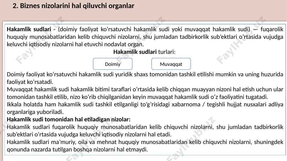 tasdiqlash to`g`risidagi ajrimlar darhol ijro etiladi. iqtisodiy sudlarning hal qiluv qarorlarini qayta ko‘rish sudining hal qiluv qarorlari ustidan iqtisodiy protsessual kodeksning 34-bobida belgilangan tartibda apellatsiya shikoyati berish (protest keltirish) tartibida qayta ko‘rilishi mumkin. prokuror, yuqori turuvchi prokuror faqat prokuror ishtirokida ko‘rilgan ish bo‘yicha, shuningdek taraflarning murojaati mavjud bo‘lgan taqdirda birinchi instansiya sudining qonuniy kuchga kirmagan hal qiluv qarori ustidan apellatsiya protesti keltirishga haqli. case study -1 “ziyo” mchj “pakkart” chet el kompaniyasi bilan yangi texnologiya sotib olish to’g’risida shartoma tuzadi. “pakkart” kompaniyasi shartlashilgan texnologiya o’rniga eski texnologiyani yetkazib beradi. “ziyo” mchj og’ir moliyaviy alvolda bo’lganligi sababli sudga da’vo bilan murojaat qilishda qiyinchilikka duch keldi. savdo-sanoat palatasining toshkent shahr hududiy boshqarmasi uning manfaatini ko’zlab sudga da’vo bilan murojaat qiladi. “pakkart” kompaniyasi savdo-sanoat palatasini da’vo bilan murojaat qilishini haqiqiy emas deb hisoblaydi. 1. savdo-sanoat palatasini o’z a’zolarini huquq va manfaatlarini himoya qilish bo’yicha vakolatlarini tavsiflang; 2. ushbu masalaga huquqiy yechim toping. case …