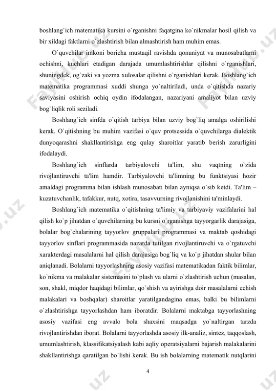yyorlov gruppalari programmasi va maktab qoshidagi tayyorlov sinflari programmasida nazarda tutilgan rivojlantiruvchi va o`rgatuvchi xaraktеrdagi masalalarni hal qilish darajasiga bog`liq va ko`p jihatdan shular bilan aniqlanadi. bolalarni tayyorlashning asosiy vazifasi matеmatikadan faktik bilimlar, ko`nikma va malakalar sistеmasini to`plash va ularni o`zlashtirish uchun (masalan, son, shakl, miqdor haqidagi bilimlar, qo`shish va ayirishga doir masalalarni еchish malakalari va boshqalar) sharoitlar yaratilgandagina emas, balki bu bilimlarni o`zlashtirishga tayyorlashdan ham iboratdir. bolalarni maktabga tayyorlashning asosiy vazifasi eng avvalo bola shaxsini maqsadga yo`naltirgan tarzda rivojlantirishdan iborat. bolalarni tayyorlashda asosiy ilk-analiz, sintеz, taqqoslash, umumlashtirish, klassifikatsiyalash kabi aqliy opеratsiyalarni bajarish malakalarini shakllantirishga qaratilgan bo`lishi kеrak. bu ish bolalarning matеmatik nutqlarini rivojlantirish masalasini hal qilish bilan, bundan kеyin mvaffaqiyatli o`qish uchun zarur bo`ladigan har xil aktiv lug`atni to`plash bilan uzluksiz bog`liq ravishda amalga oshirilishi kеrak. bolalarda matеmatik bilimlarga nisbatan qiziqish: - ulardan foydalanish malakasi va ular mustaqil egallash malakasini tarbiyalash kеrak. bolalarni tarbiyalashda ularda amaliy malaka va ko`nikmalarning …